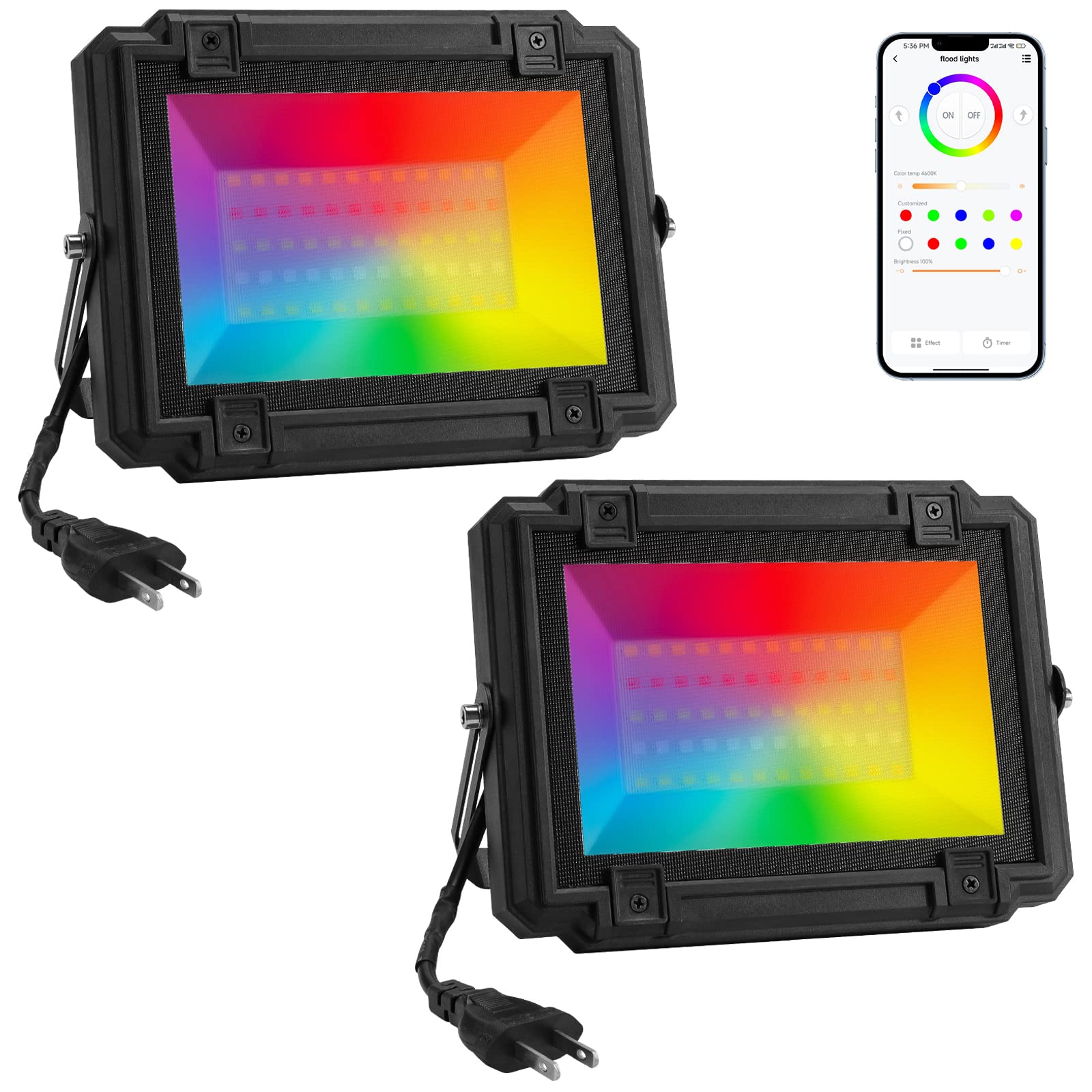 YELUFT 500W Equivalent RGBW LED Flood Lights Outdoor - Bluetooth App Controlled Color Changing Landscape Lighting, IP68 Waterproof Spotlights for Garden, Wedding, Patio, Party (2 Pack) - Perfect for Holiday Decorations & Architectural Uplighting