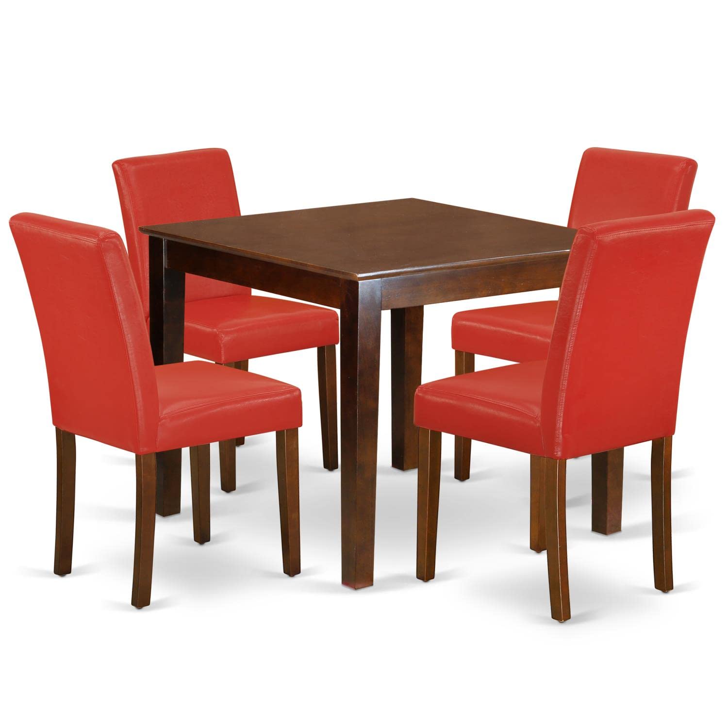 Modern 5-Piece Dining Set with Square Wooden Table & 4 Firebrick Red Faux Leather Chairs - 36x36 Inch Mahogany Finish | East West Furniture OXAB5-MAH-72 | Perfect for Small Spaces, Apartments & Contemporary Dining Rooms