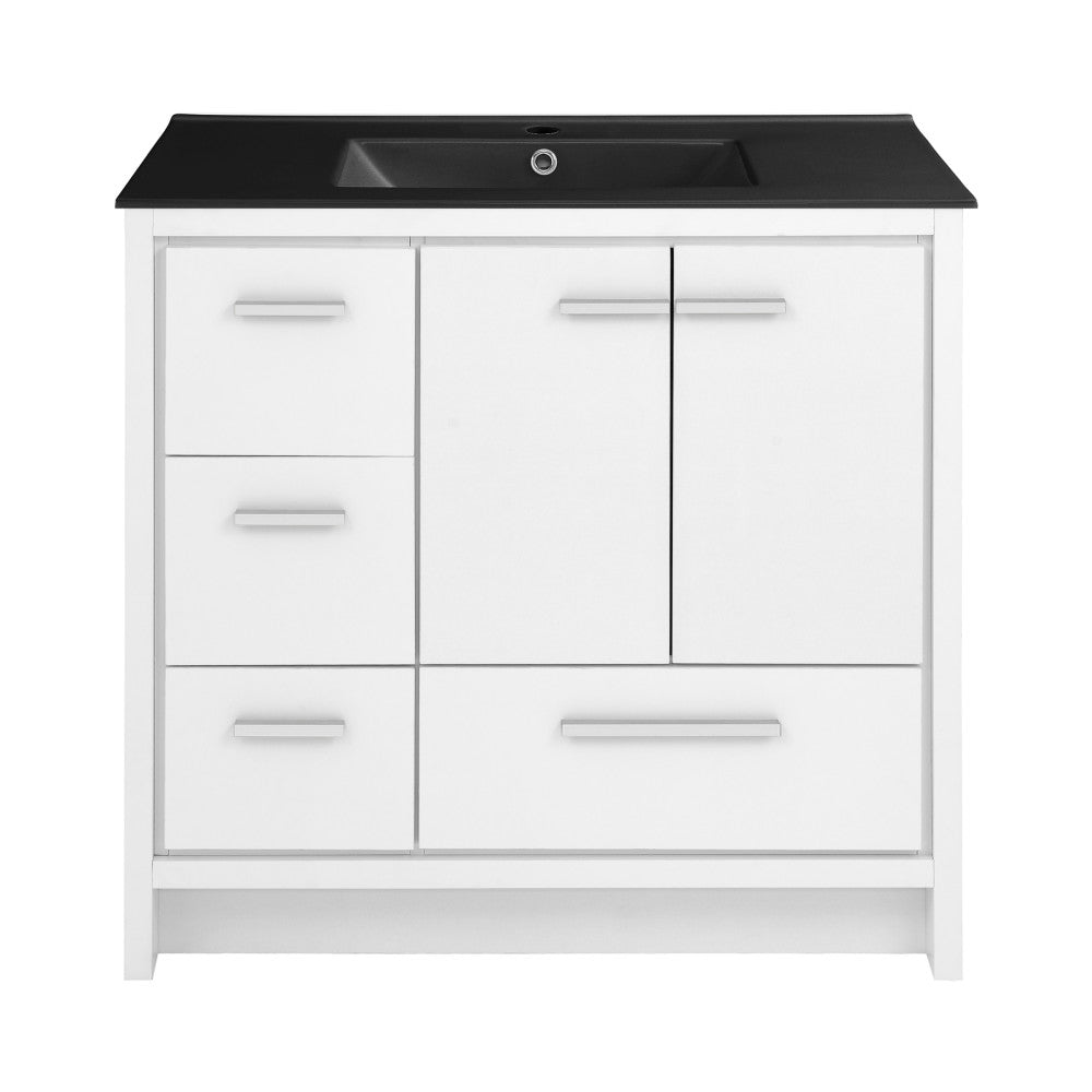 36 Inch White Bathroom Vanity with Black Ceramic Sink Top - Modern Single Sink Vanity Set for Bathroom Remodel, Small Space & Powder Room Installation