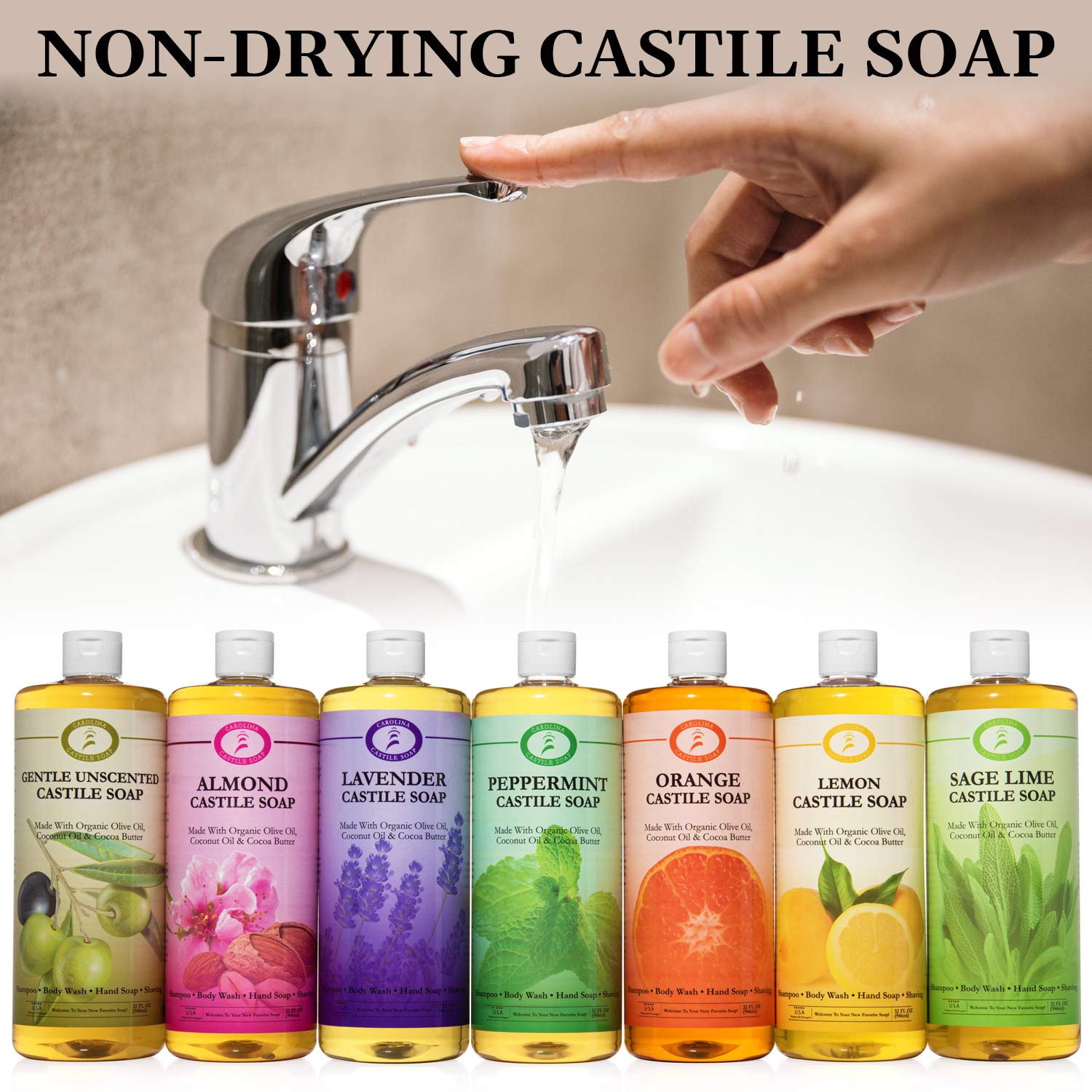 Organic Carolina Castile Soap - Lemon Scented Natural Body Wash for Men & Women | Certified Organic, High Olive Oil Content, Non-Drying Formula | Perfect for Shower, Bath & Hand Washing (1 Gallon)