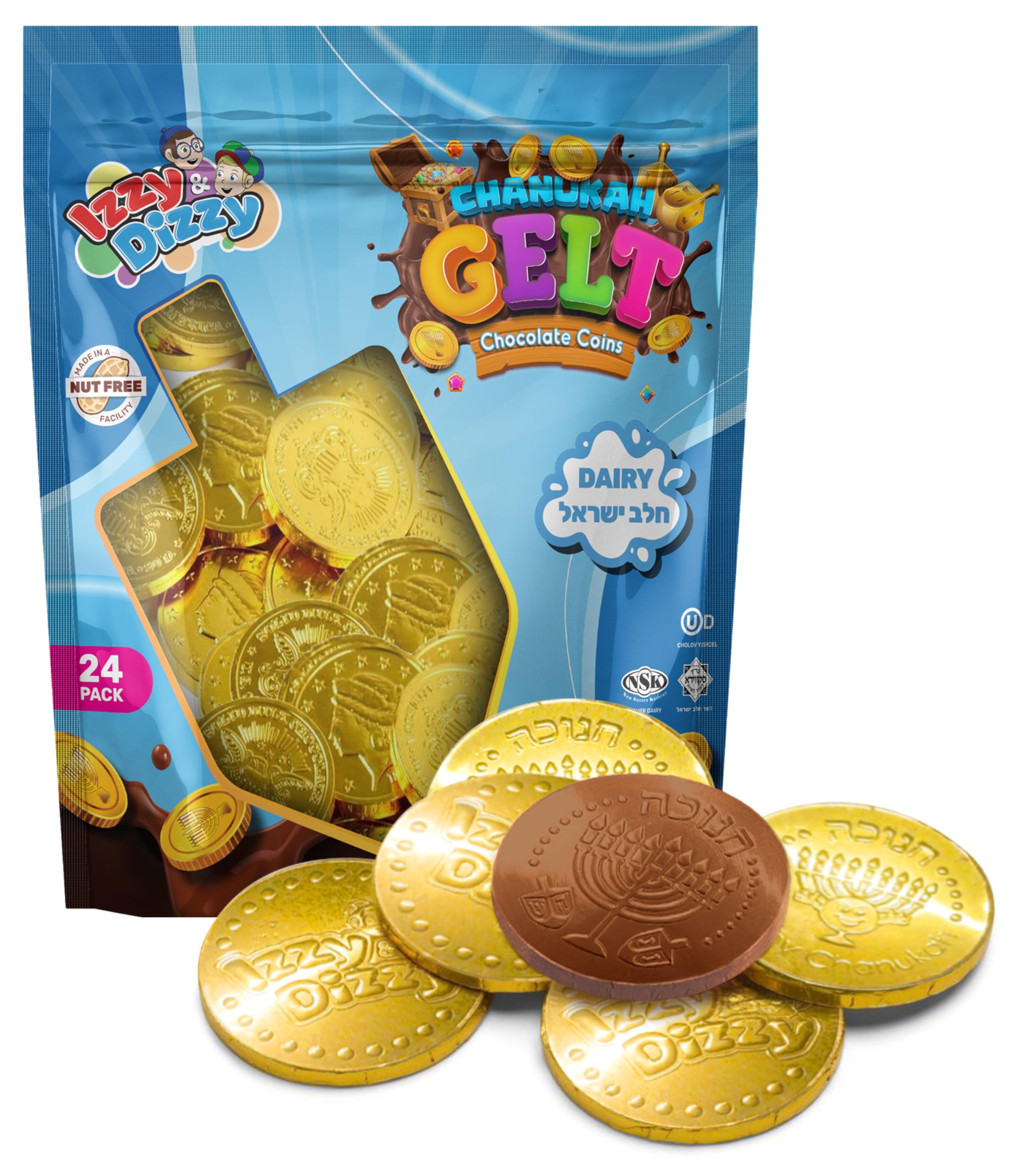Kosher Milk Chocolate Hanukkah Gelt Coins - Nut Free Dairy, Menorah Embossed - 25 Pack for Hanukkah Celebrations, Party Favors, and Holiday Gift Giving