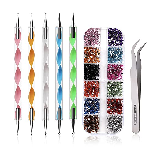12 Colors Nail Art Rhinestones Kit with Stainless Steel Tweezers & Dotting Pen - DIY Nail Design Set for Home, Salon, and Party Use