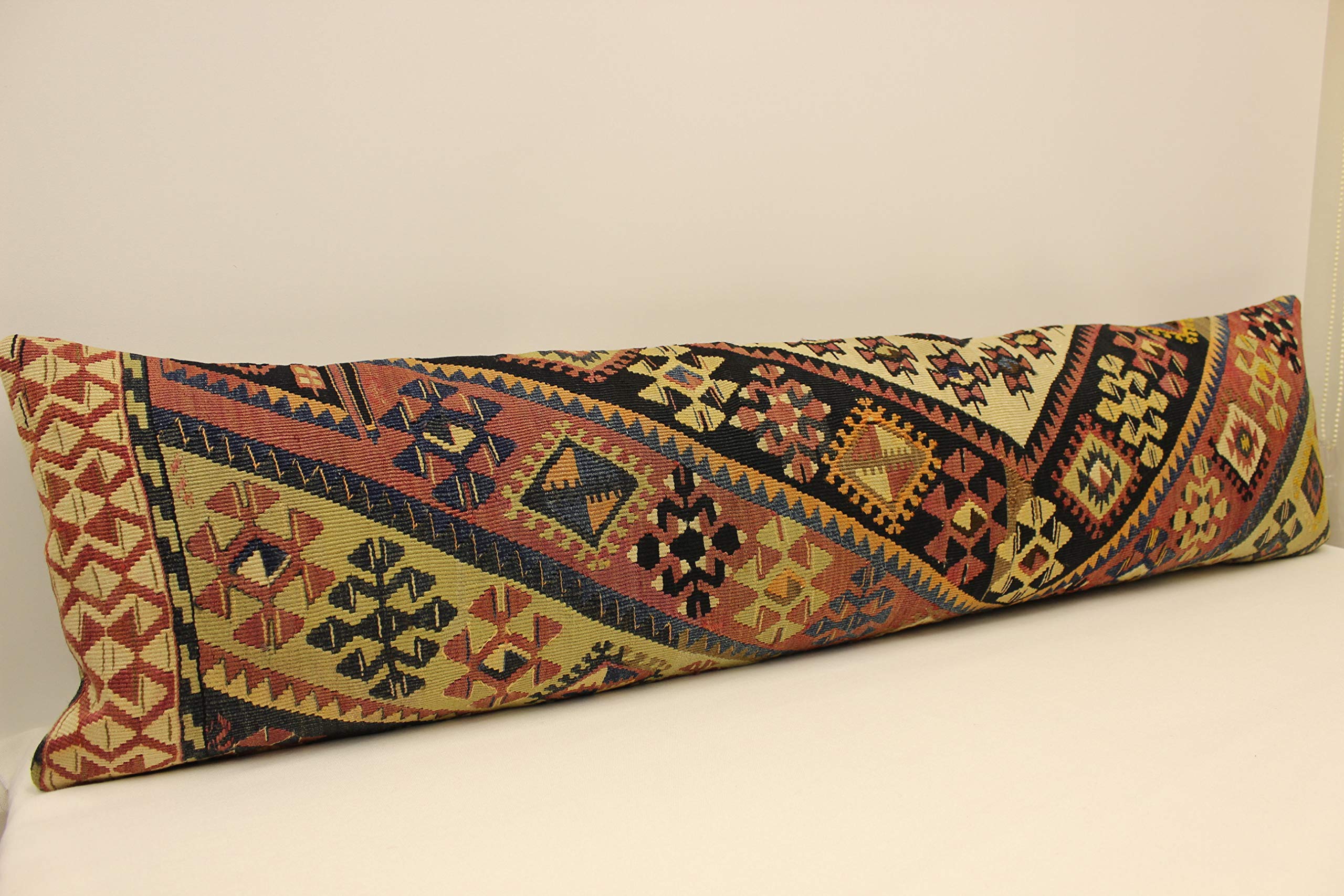 King Size Turkish Kilim Lumbar Pillow 12x47 in (30x120 cm) - Boho Vintage Throw Pillow Cover for Sofa, Bed & Home Decor - Handmade Cotton Cushion for Living Room, Bedroom & Boho Chic Style
