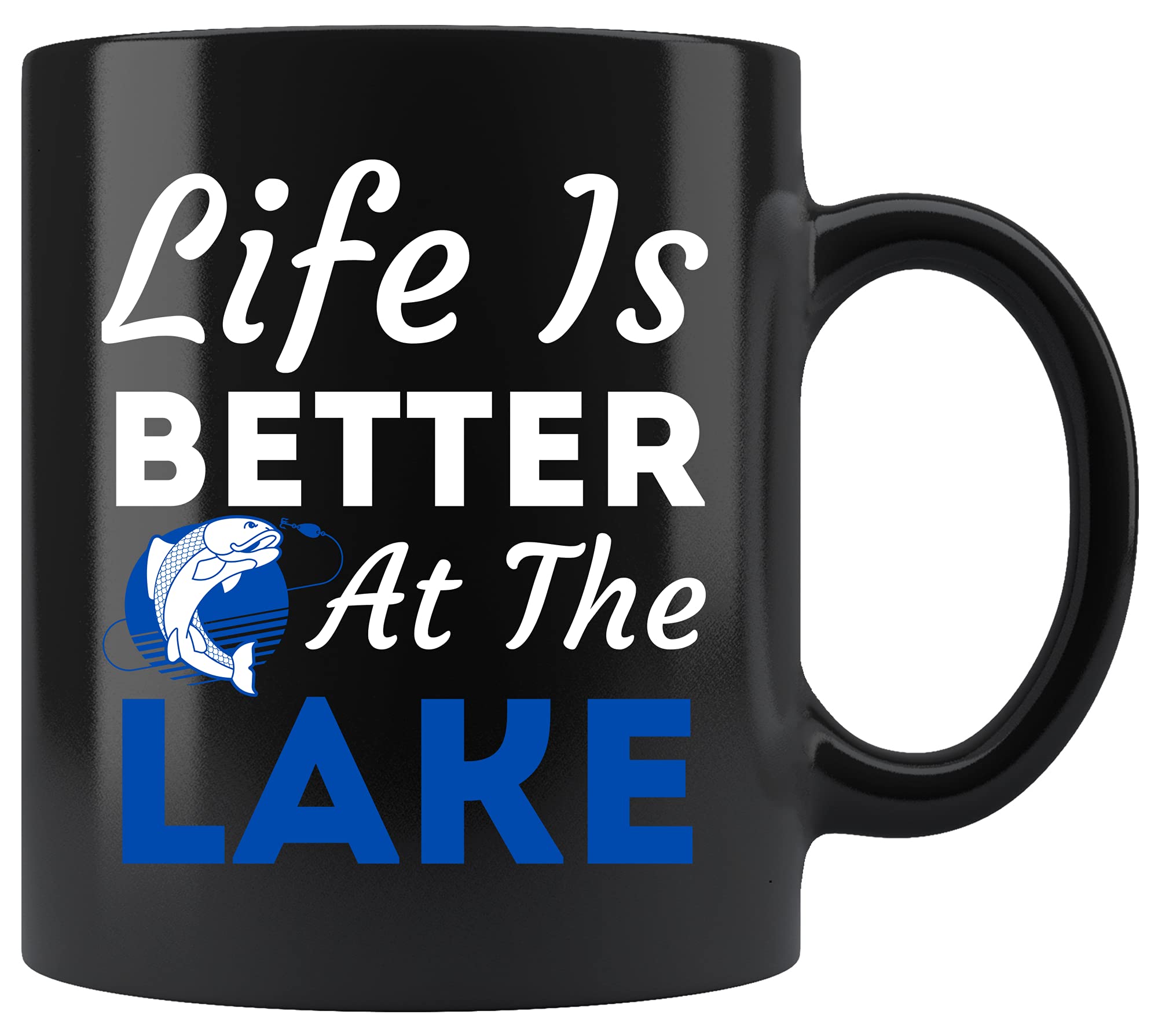 Black 11Oz Fishing Mug Cup - Life is Better at The Lake T-Shirt Design | Durable Coffee Mug for Fishermen, Boating Enthusiasts | Perfect Gift for Outdoor Lovers, Camping & Lake Trips