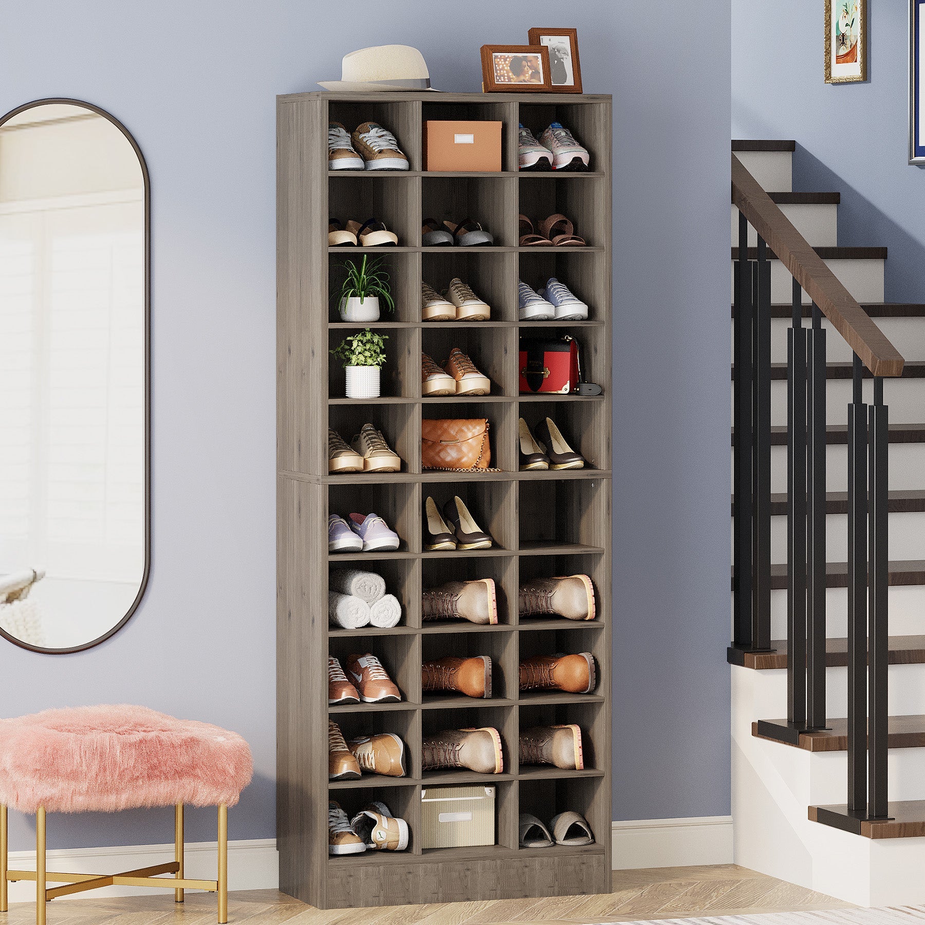 10-Tier Wooden Shoe Storage Cabinet with 30 Cubbies - Space Saving Shoe Organizer for Entryway, Closet & Bedroom - Perfect for Sneakers, Boots & Sandals