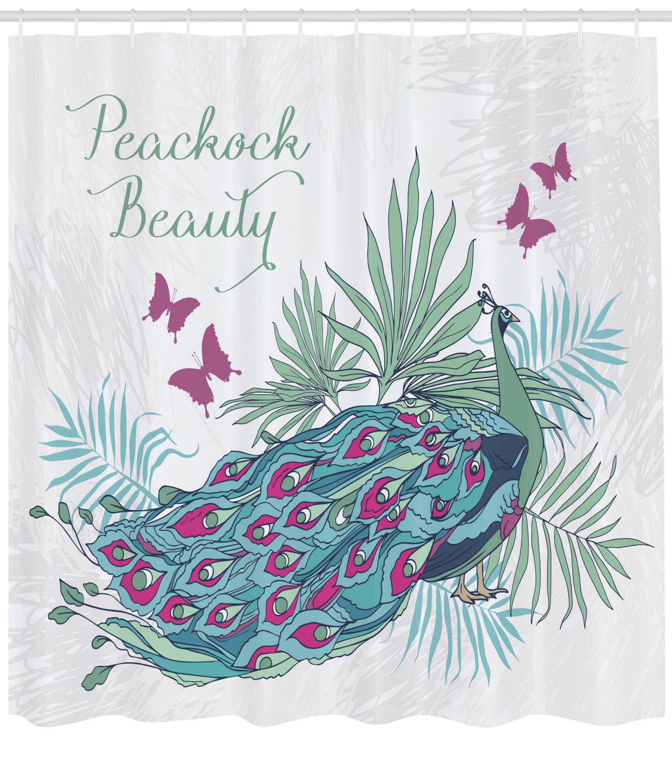 Ambesonne Peacock Feather Shower Curtain - Exotic Nature Design with Butterflies & Palm Leaves, 69x75 Inch Waterproof Fabric Bathroom Decor Set with Hooks (Coconut/Multicolor) | Elegant Bathroom Upgrade for Spa-Like Experience