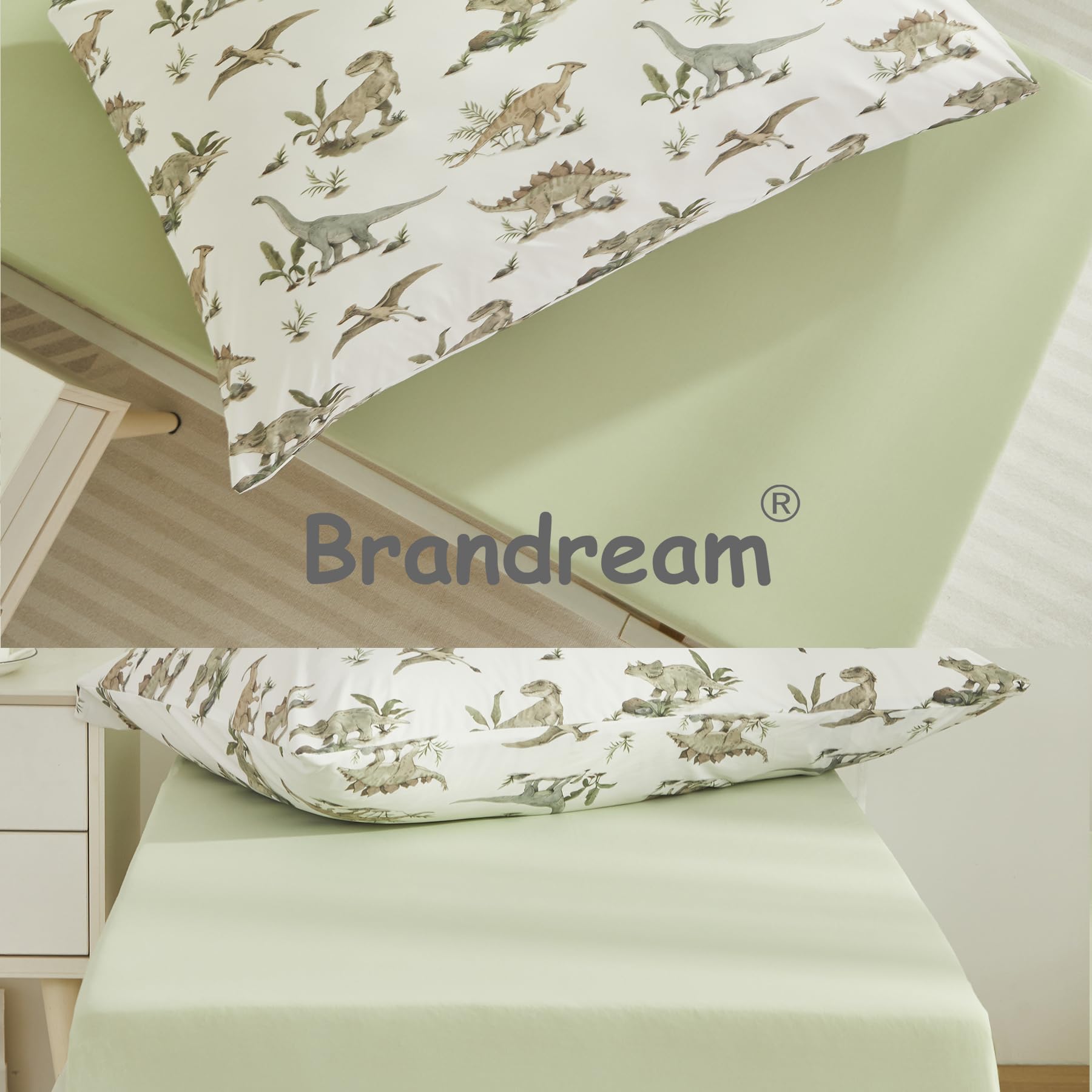 Brandream 4-Piece Toddler Bedding Set for Boys & Girls - Ultra Soft Jersey Knit Comforter, Fitted Sheet, Flat Sheet & Pillowcase - Green Dinosaur Print - Perfect for Kids' Room, Nursery & Sleepovers