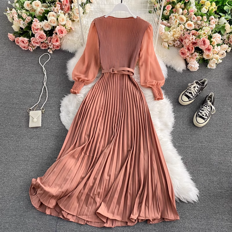 High Waist Round Neck Swing Dress - Elegant Pleated Long Skirt for Women | Spring & Autumn Fashion | Perfect for Office, Party & Casual Wear