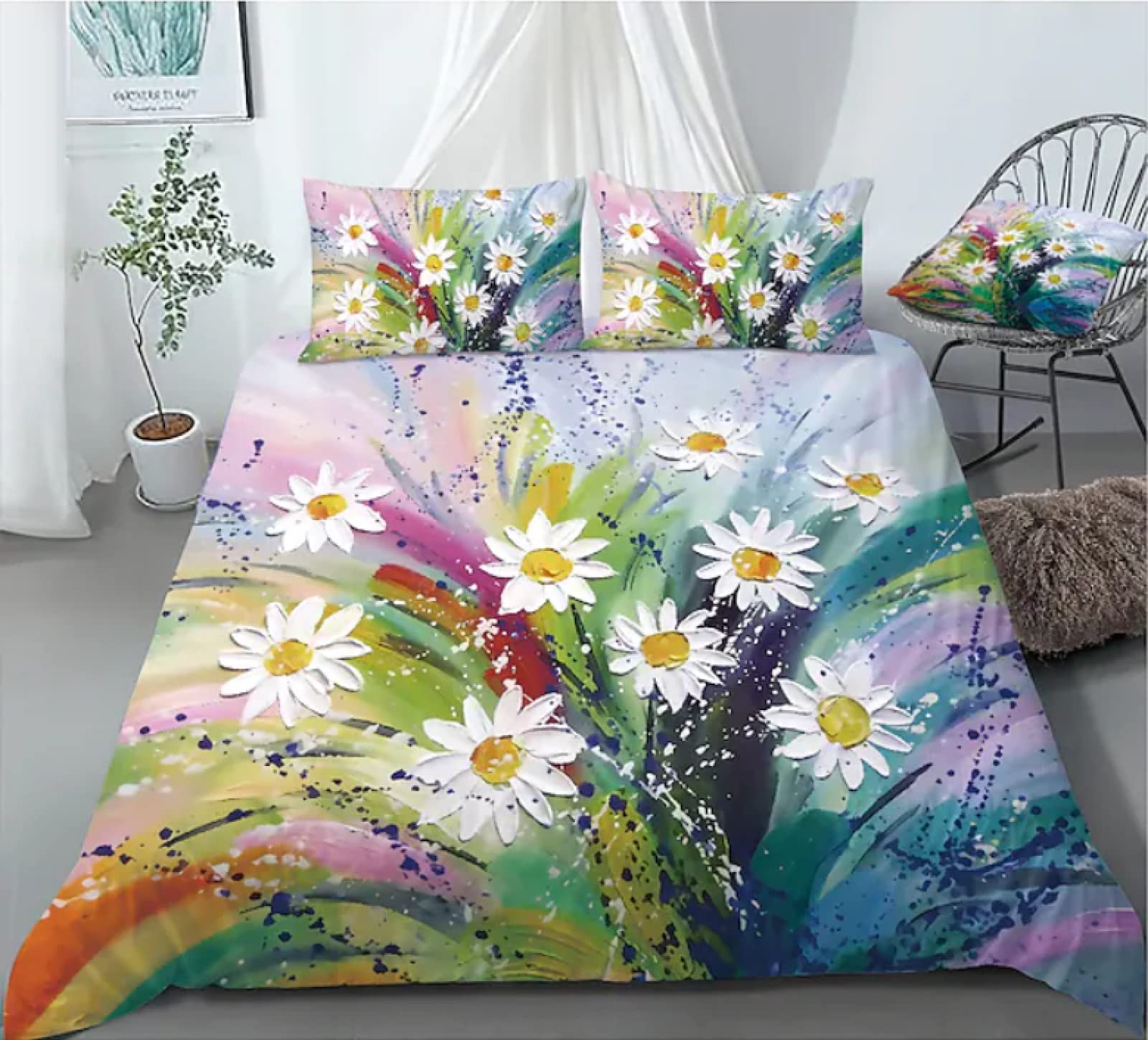 Queen Size Oil Painting Floral Duvet Cover Set - 3 Piece Microfiber Bedding with 2 Pillow Shams for Teens Bedroom Decor (90x90 Inches) | Soft & Breathable Comforter Set for Girls Room, Dorm, Guest Bed