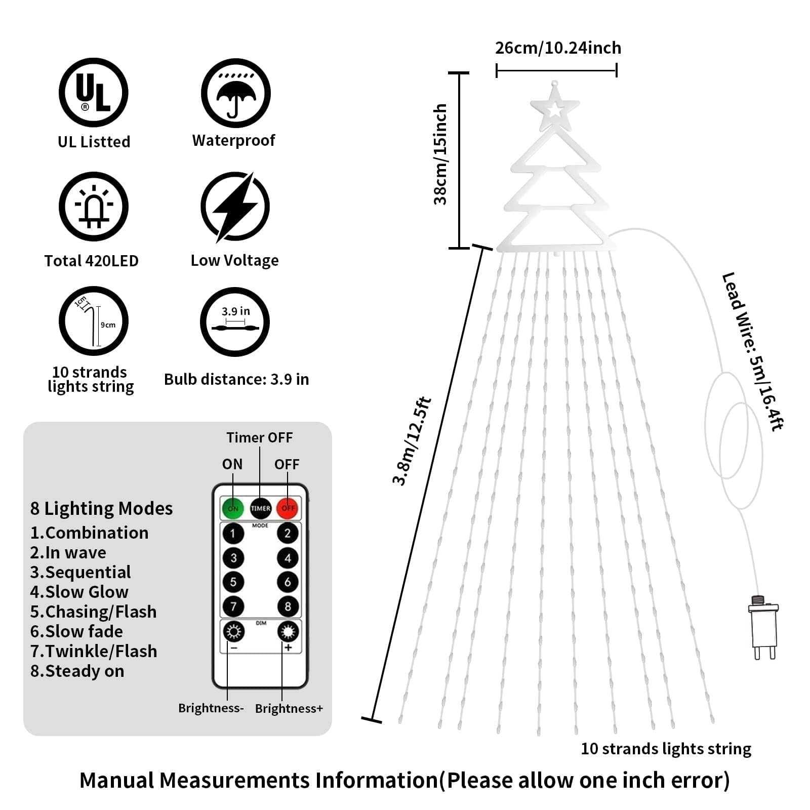 RJEDL 420LEDs Waterproof Christmas Tree Lights with Star - 10 x 3.8m Outdoor Fairy String Lights, 8 Lighting Modes for Windows, Garden, Yard, Terrace - Perfect for Holiday Decorations, Parties & Winter Celebrations