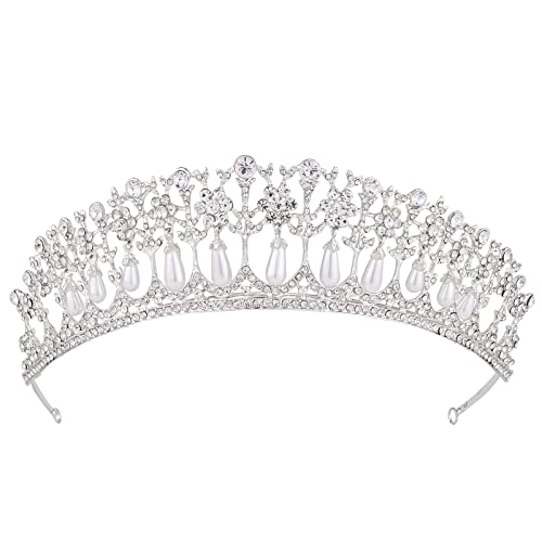 Vofler Silver Crystal Rhinestone Wedding Tiara for Women - Pearl Crown Headband for Bride, Queen, Flower Girls | Perfect for Bridal, Birthday, Pageant, Prom, Homecoming, Halloween & Princess Diana Costume Parties