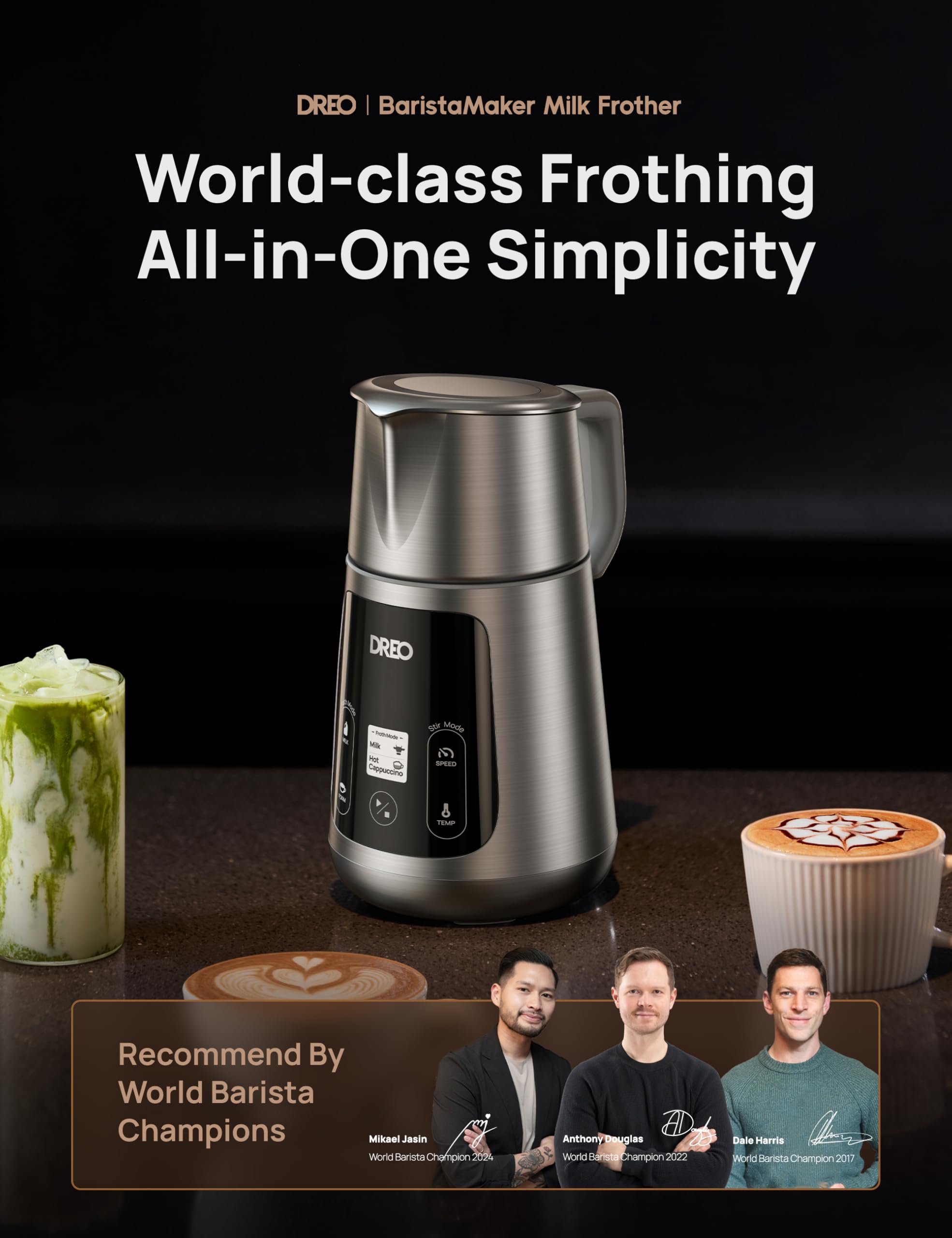Dreo All-in-1 BaristaMaker Electric Milk Frother & Warmer - 15oz/450ml Automatic Coffee Frother for Latte Art, Cappuccino & Hot Chocolate - Works with Dairy & Plant-Based Milk - Dishwasher Safe - Perfect for Home Baristas & Coffee Lovers