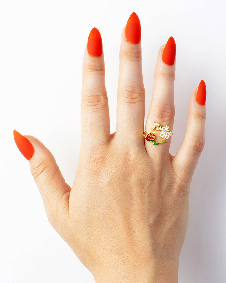 Fuck Off & Red Rose Adjustable Ring - Gothic Punk Jewelry for Women - Perfect for Valentine's Day, Date Night & Alternative Fashion