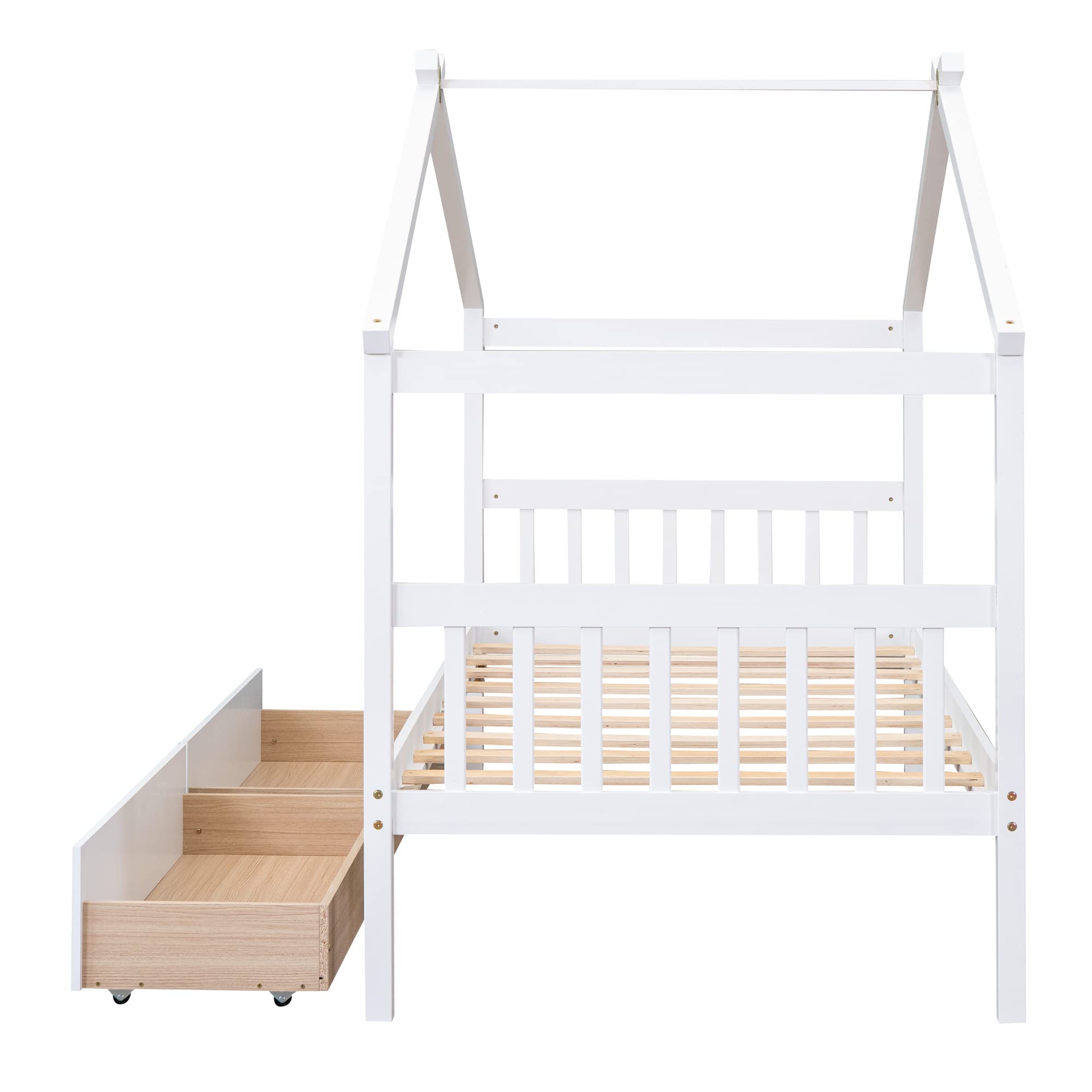 Harper & Bright Designs Twin Size Wooden House Bed Frame with Storage Drawers - Roof Design for Kids, Boys & Girls - Perfect for Bedrooms, Playrooms & Sleepovers (White)