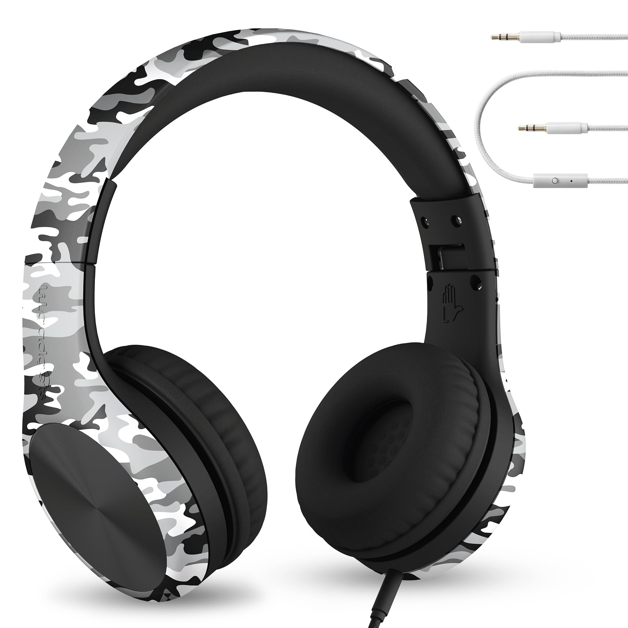 LilGadgets Connect+ Pro Wired Kids Headphones with Microphone - Volume Limiting, Noise Reducing Over-Ear Headset with SharePort Technology & SoftTouch Padding - Snow Camo Design for School, Travel & Home Use