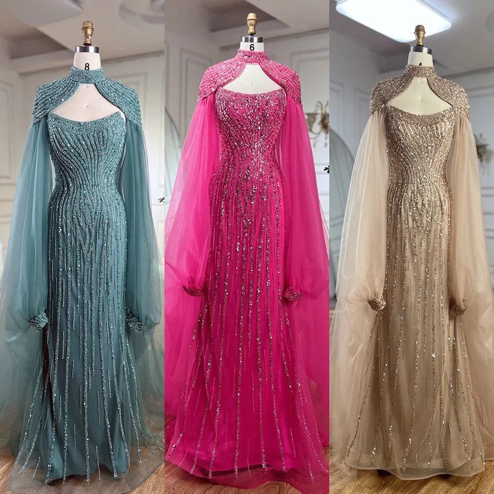 Luxury Beaded Pearl Mermaid Evening Gown for Women - Serene Hill Dubai Caramel Long Cloak Wedding Party Dress LA72223 | Elegant Formal Wear for Bridal, Prom & Special Occasions