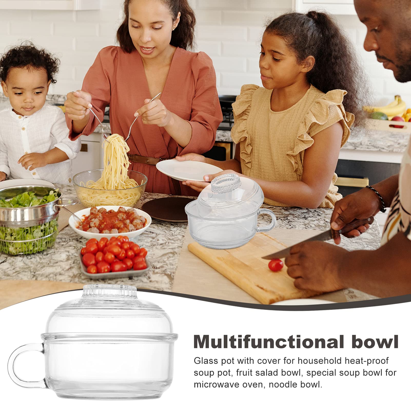 DOITOOL 1pc Clear Glass Instant Noodle Bowl with Lid - Oven Safe Glass Food Jar, Cooking Pot & Mixing Bowl - Perfect for Ramen, Meal Prep & Student Dorm Use - Household Tableware with Handle