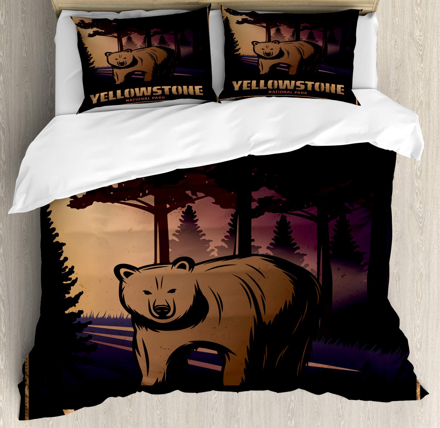 Ambesonne Wyoming Duvet Cover Set - Yellowstone National Park Bear & Forest Cartoon Design Poster Graphic, 3-Piece Queen Size Bedding Set with 2 Pillow Shams, Multicolor - Perfect for Kids' Rooms, Cabin Decor & Nature-Themed Bedrooms
