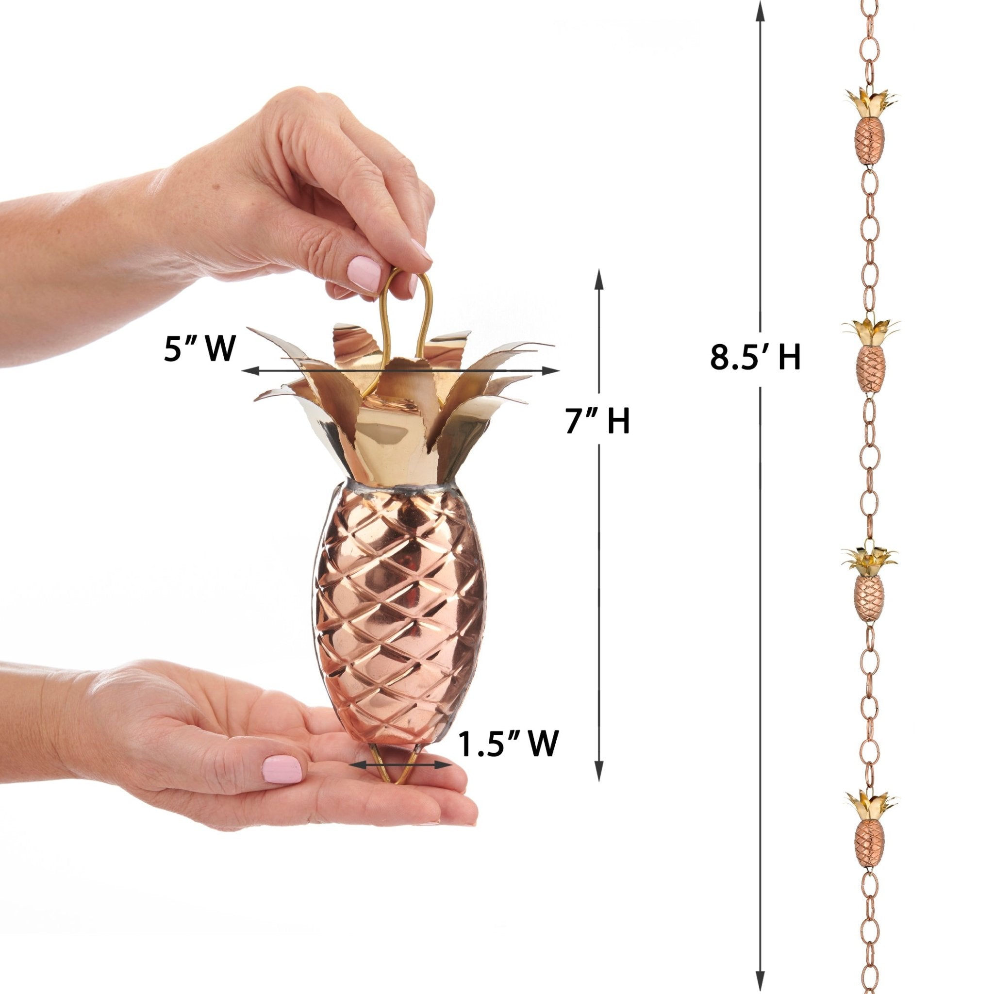 8.5 ft Pineapple Rain Chain with 4 Large Figures - Decorative Garden Water Feature for Outdoor Patio & Yard Drainage