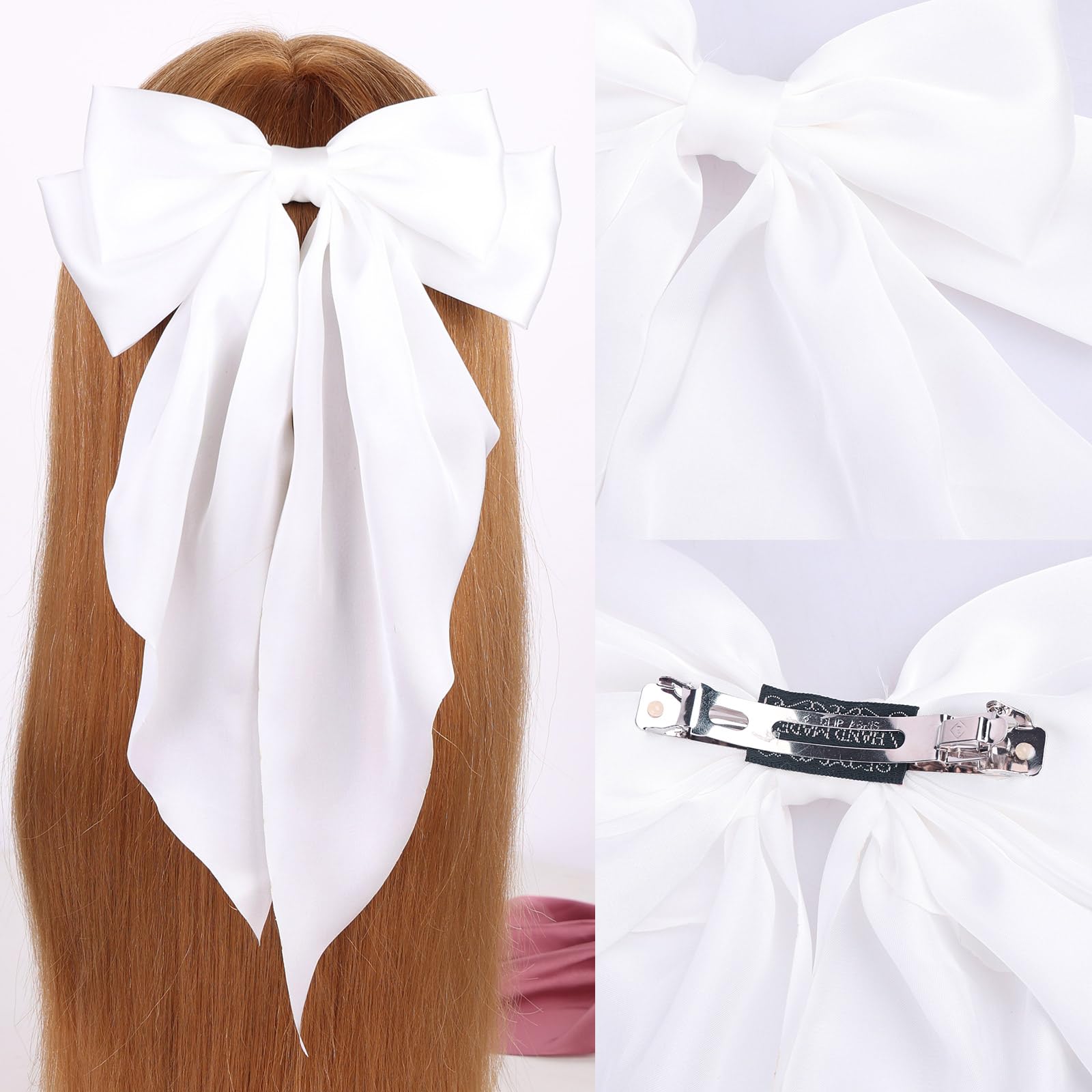 MRJ 2 Pack Large Satin Hair Bows for Women & Girls - Elegant Hair Ribbon Clips with Metal Barrettes, Aesthetic Bowknot Hair Accessories for Parties, Weddings & Everyday Style