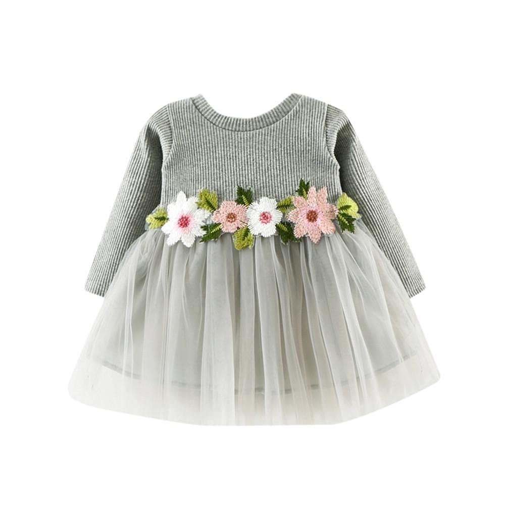 Baby Girl's Floral Tulle Dress 6-24 Months - Long Sleeve Ribbed Toddler Dress for Spring & Autumn | Perfect for Parties, Photo Shoots & Special Occasions