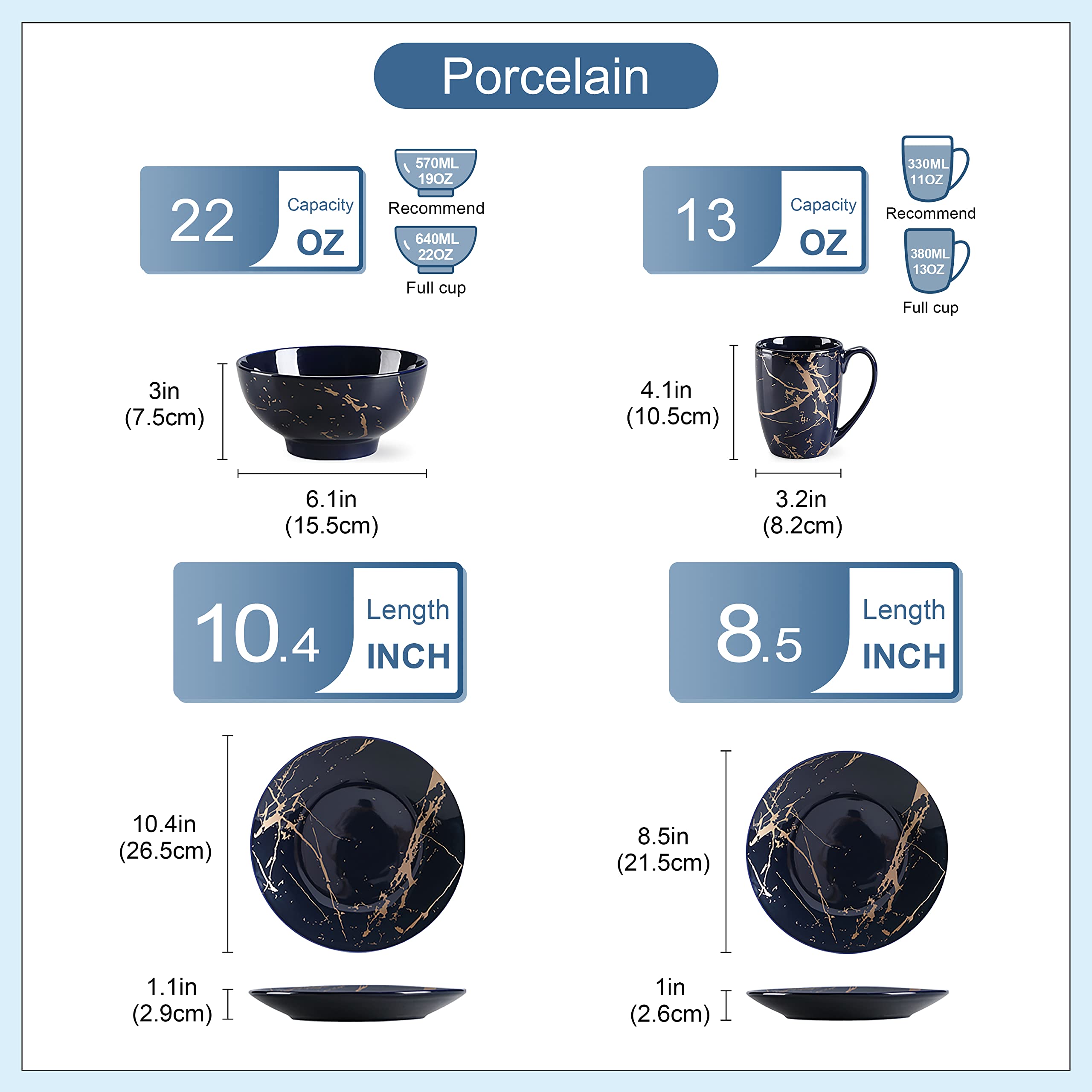 LOVECASA 16-Piece Porcelain Dinnerware Set for 4 - Elegant Dark Blue Color Glaze with Gold Trim, Includes Dinner Plates, Dessert Plates, Bowls & Mugs - Perfect for Family Dinners, Holiday Entertaining & Restaurant-Style Dining