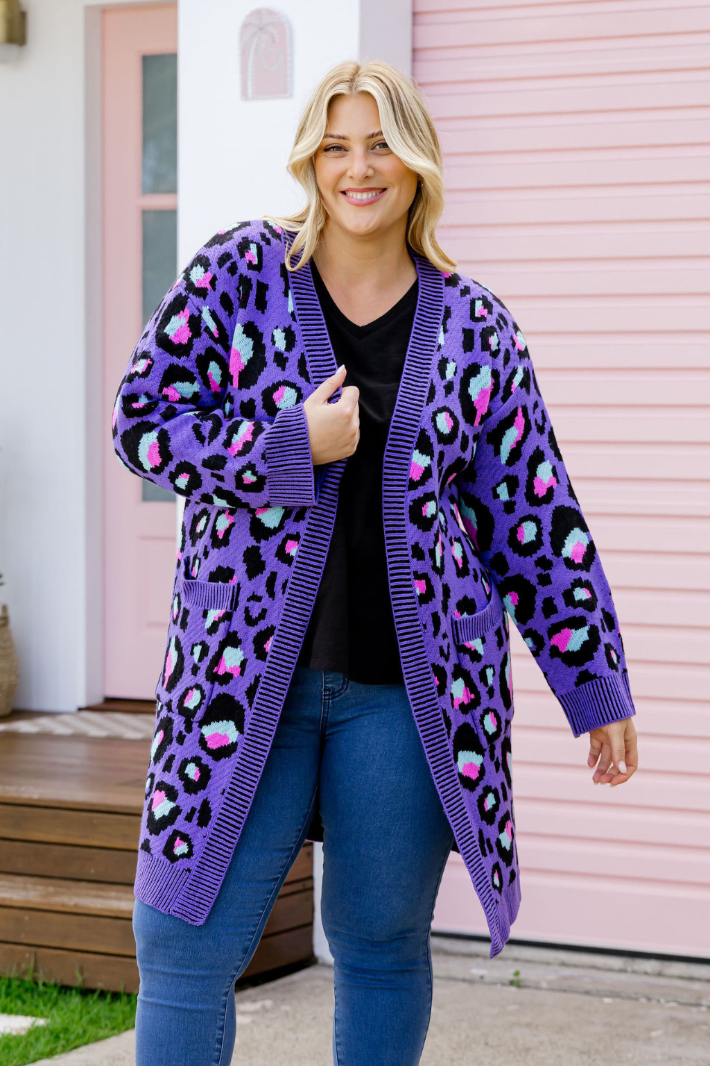 Kasey Rainbow Purple Leopard Print Darcy Cardigan - Women's Fashion Knitwear for Casual Outfits & Office Wear