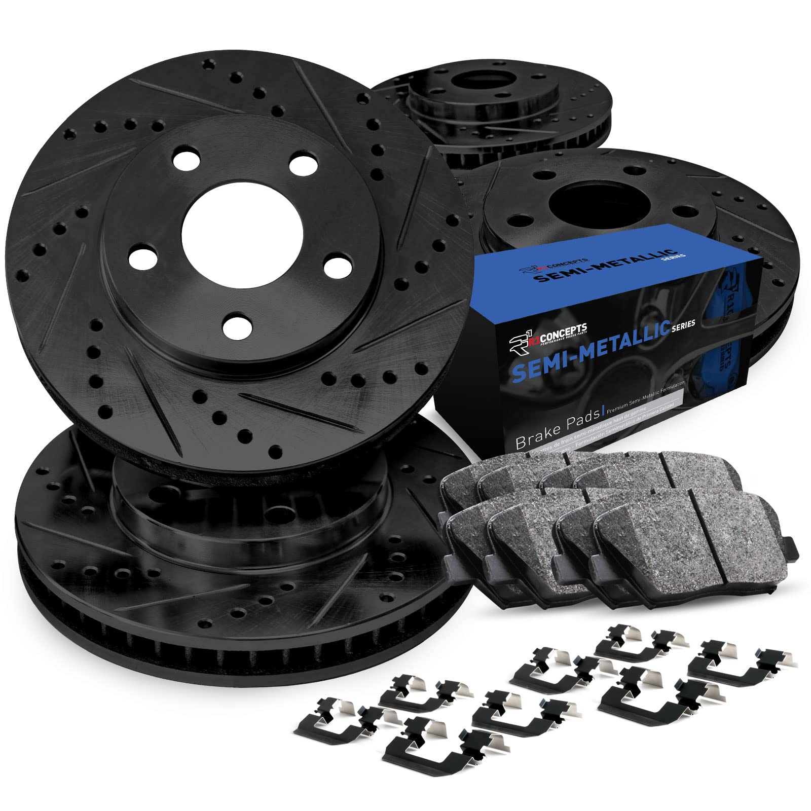 R1 Concepts Front & Rear Brake Pads and Rotors Kit - Semi-Metallic Brake Pads with Hardware - Fits 2012-2018 Jeep Wrangler JK - Perfect for Off-Roading & Daily Commuting