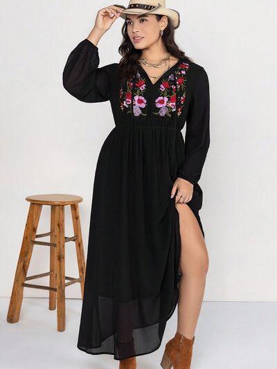 Plus Size Embroidered Tie Neck Long Sleeve Dress for Women - Elegant Floral Maxi Dress for Weddings, Parties & Special Occasions