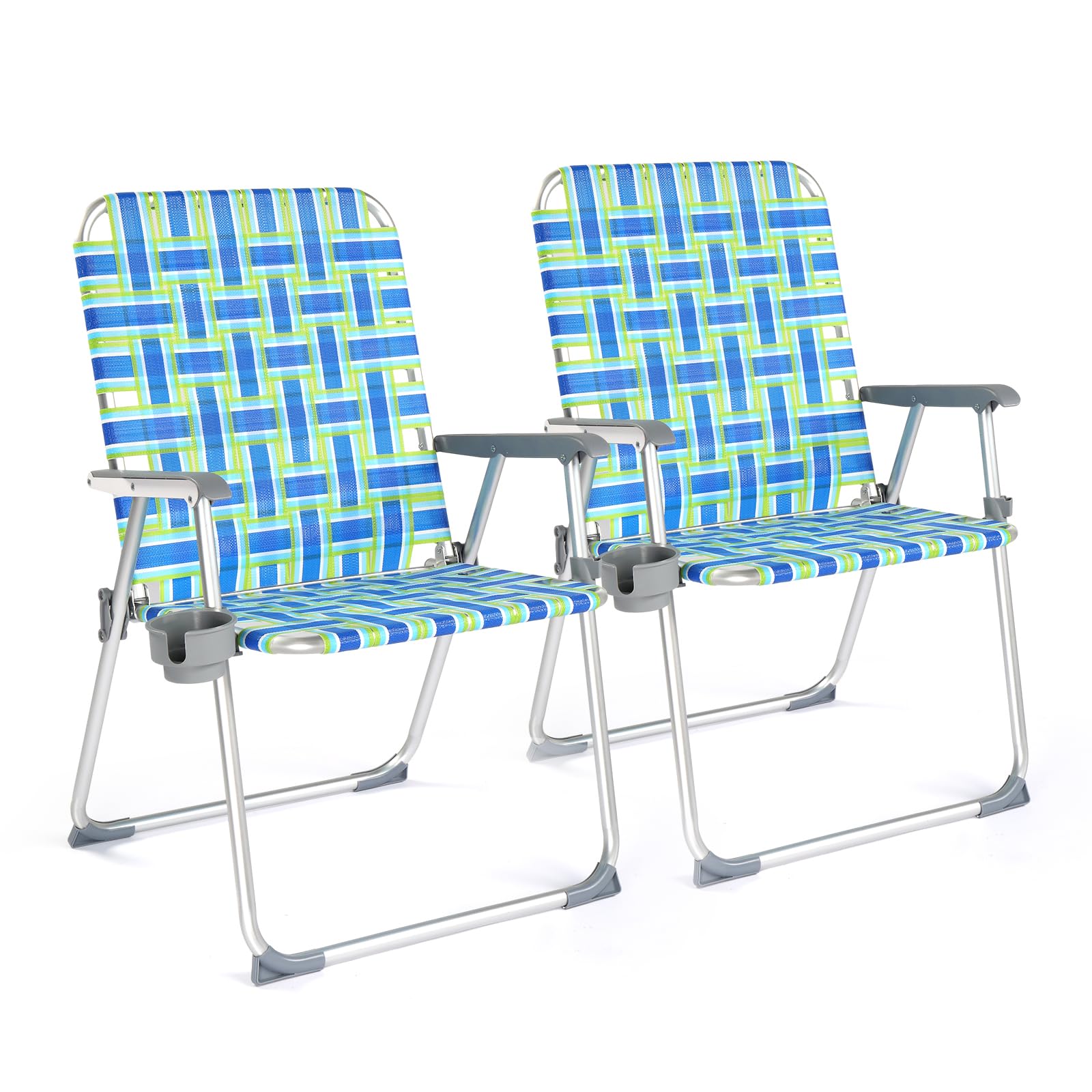 VINGLI 2 Pack Folding Aluminum Webbed Oversized Lawn Chairs - Heavy Duty 300LBS Capacity Beach Chairs for Adults with Detachable Cup Holder, Portable Patio Chairs for Yard, Garden, Poolside & Outdoor Relaxation (Blue/Green)