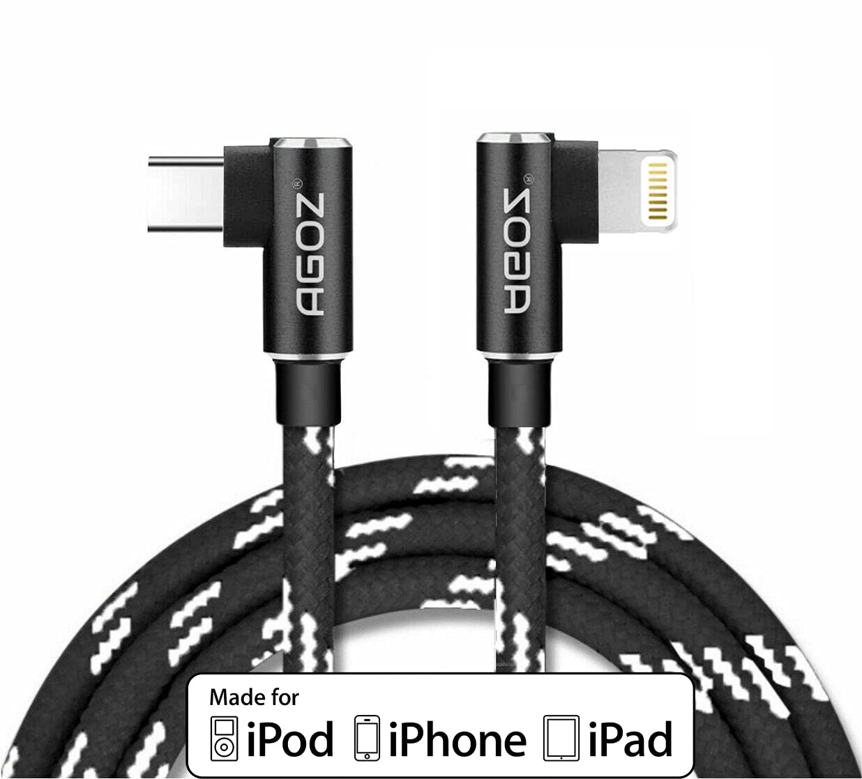Agoz 10FT Apple MFI Certified Lightning to USB C Cable - 90° Right Angle Fast Charging Cord for iPhone 14/13/12 Pro Max/SE/11/XS MAX/XR/X/8/7/6/5 - Durable Charger for Home, Office & Travel