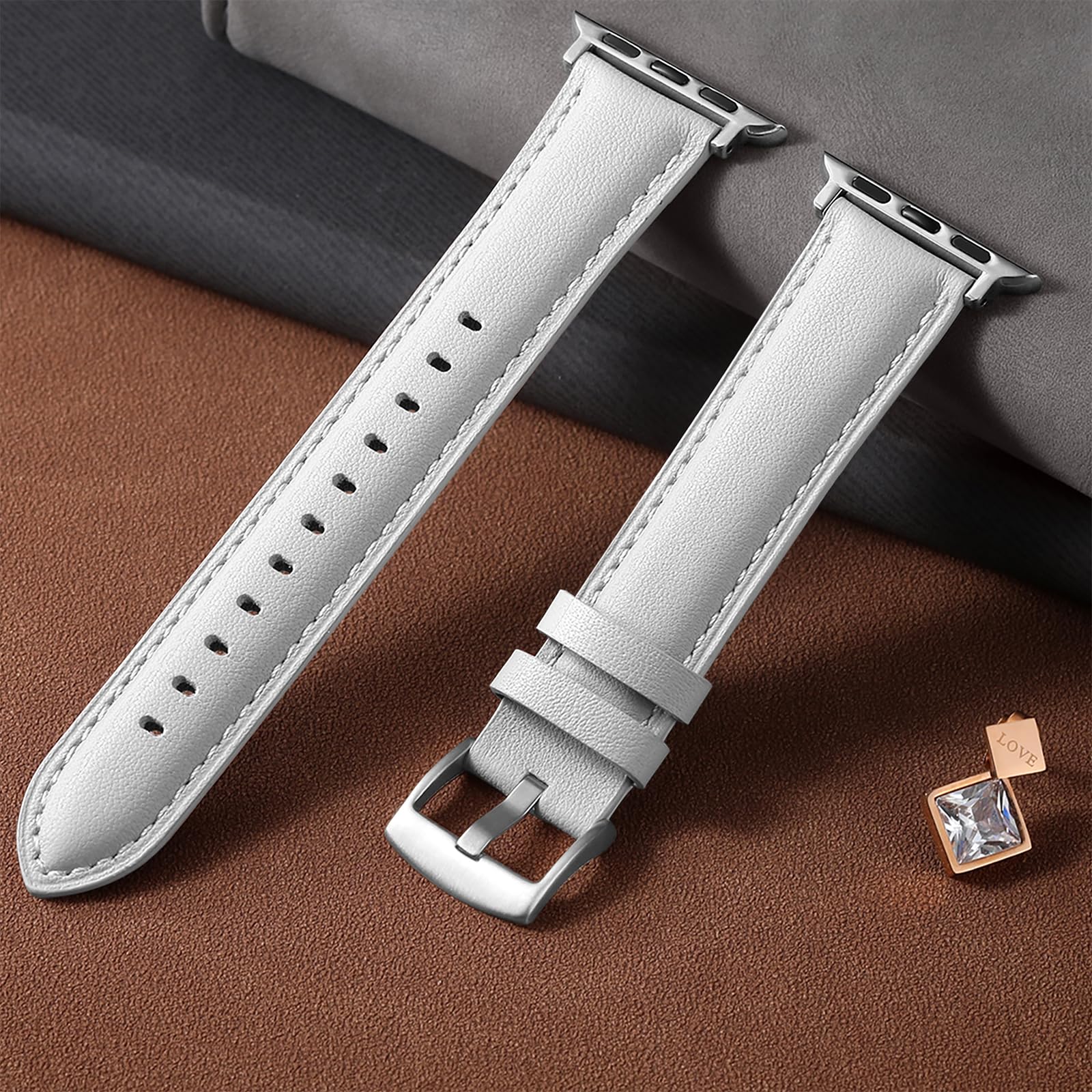 Genuine Leather Apple Watch Band 38mm 40mm 41mm 42mm 44mm 45mm 49mm - Classic Replacement Strap Compatible with All Apple Watch Series 10/9/8/7/6/5/4/3/2/1/SE - Soft Comfortable Leather Watchband for Women & Men (White) - Perfect for Work, Gym & Everyday Wear