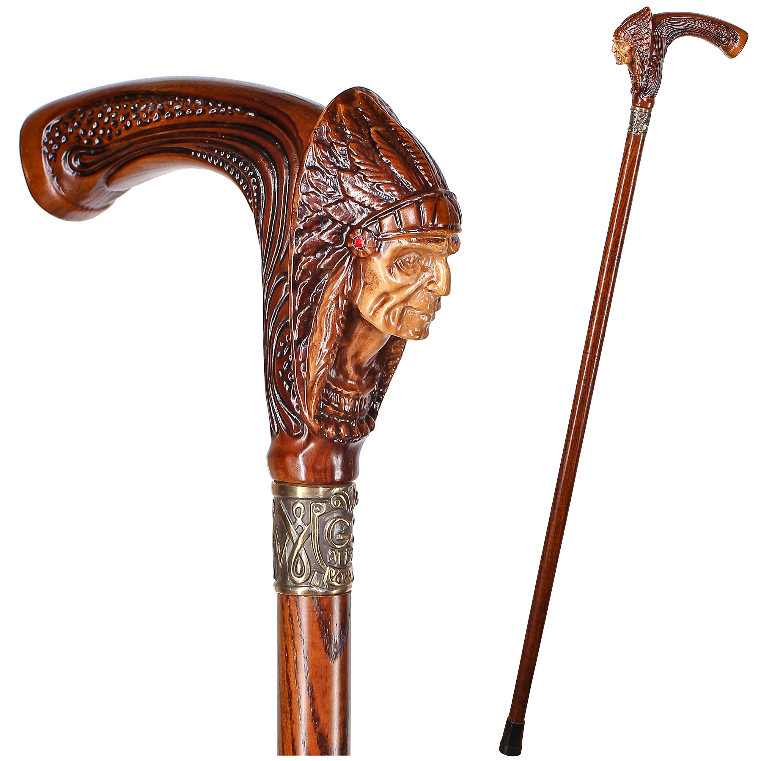 Premium Indian Chief Walking Cane - Handcrafted Black Wooden Shaft with Light Handle (36