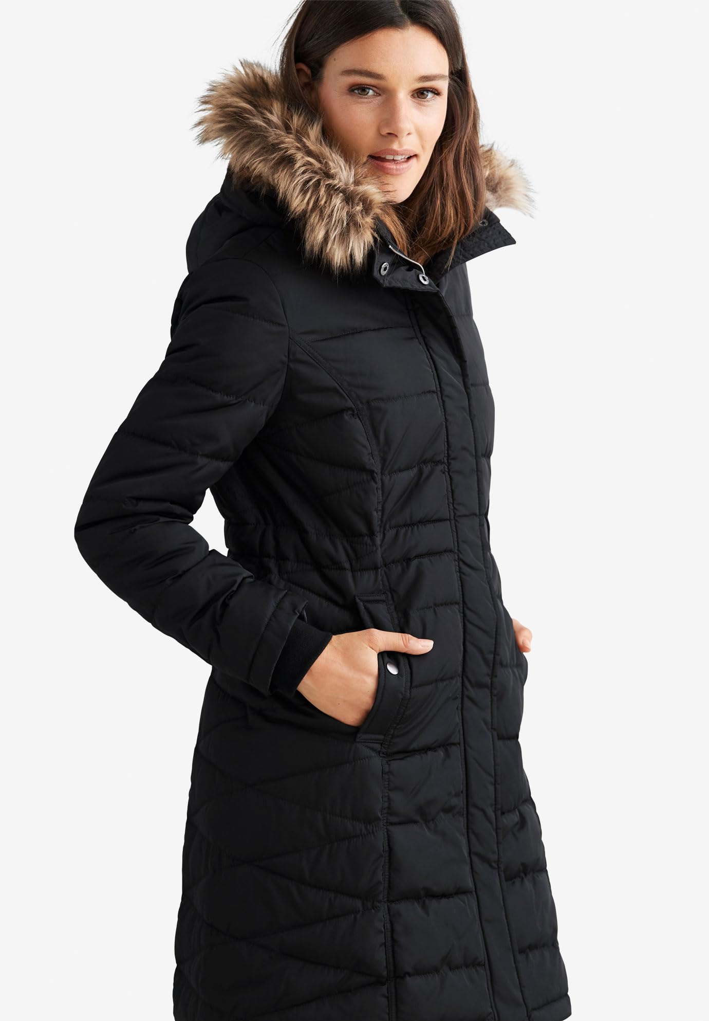 Ellos Women's Plus Size Faux Fur Trim Puffer Jacket - Winter Warm Coats for Cold Weather, Fashionable Outerwear for Casual & Outdoor Activities