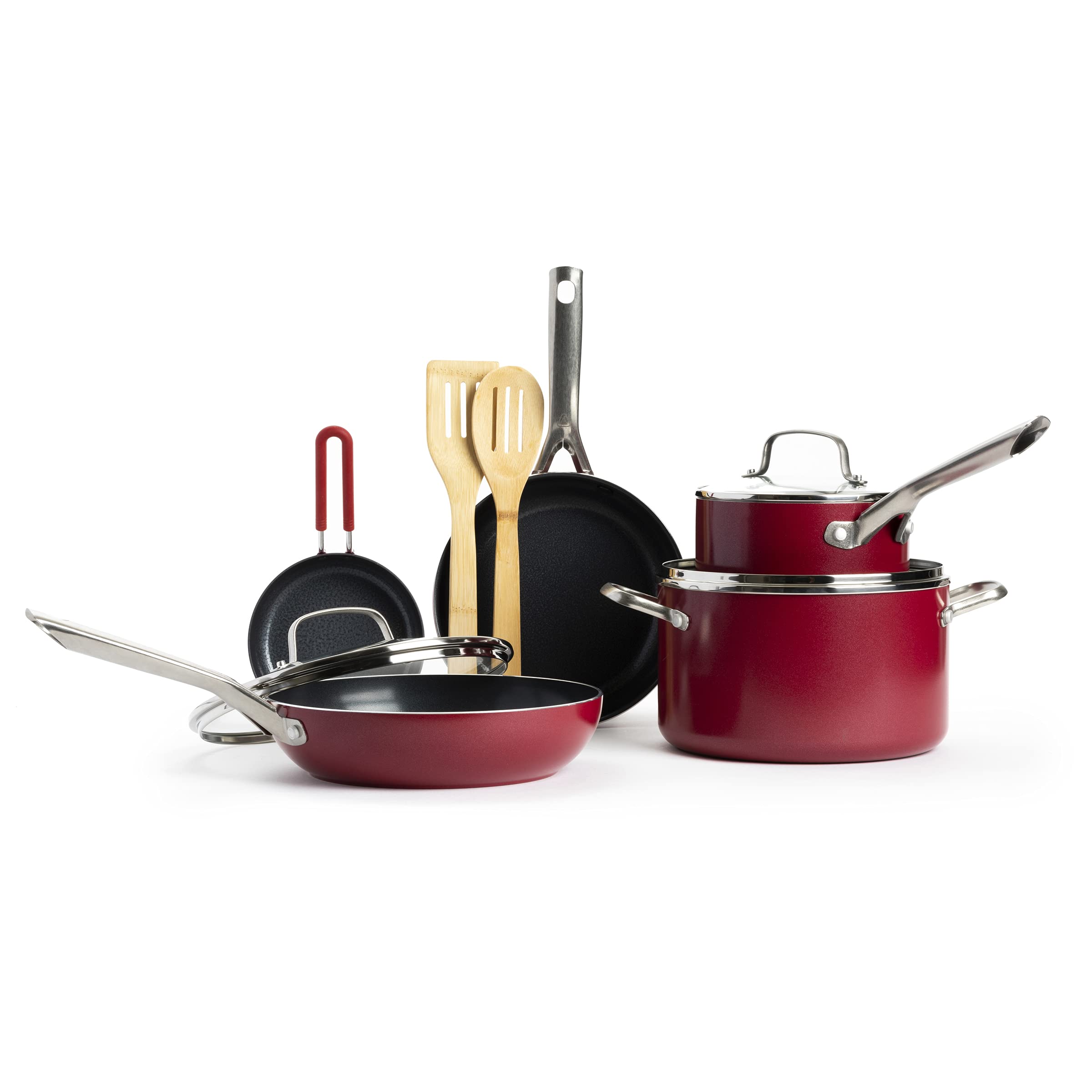 10-Piece Textured Ceramic Nonstick Cookware Set with Stainless Steel Handles - PFAS, PFOA & PTFE Free - Dishwasher & Oven Safe up to 600°F - Red - Perfect for Frying, Sautéing, Baking & Everyday Cooking