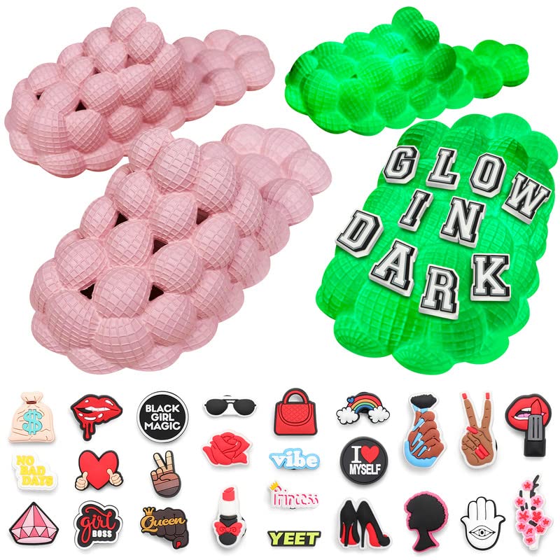 AIR CLOUDS® Bubble Slides with 25 Charms & Glow in Dark - Comfortable Golf Ball Slides for Women & Men - Stylish Bubble Shoes for Casual Wear, Beach, Pool Party and Outdoor Activities - Black Bubble Slides with Golf Ball Design