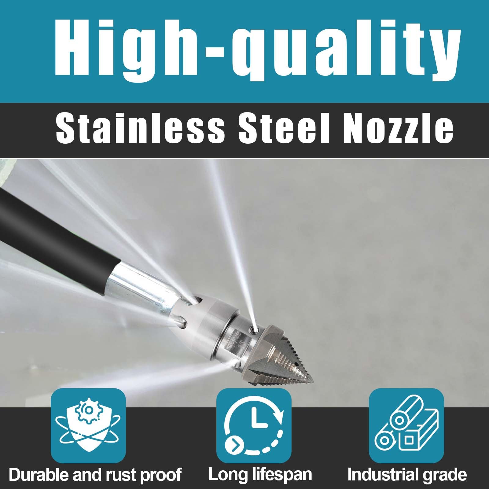 3/8 NPT Stainless Steel Sewer Jetter Rotating Nozzle - High Pressure Drain Cleaning Nozzle for 40 L/min Pressure Washer (Black Head) - Ideal for Clogged Pipes, Sewer Lines & Commercial Drain Cleaning
