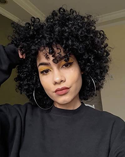 Soft Kinky Curly Afro Wig with Bangs - Heat Resistant Synthetic Hair Wig for Black Women | Natural Looking Big Bouncy Fluffy Wavy Loose Curls | Perfect for Cosplay, Daily Wear & Special Occasions