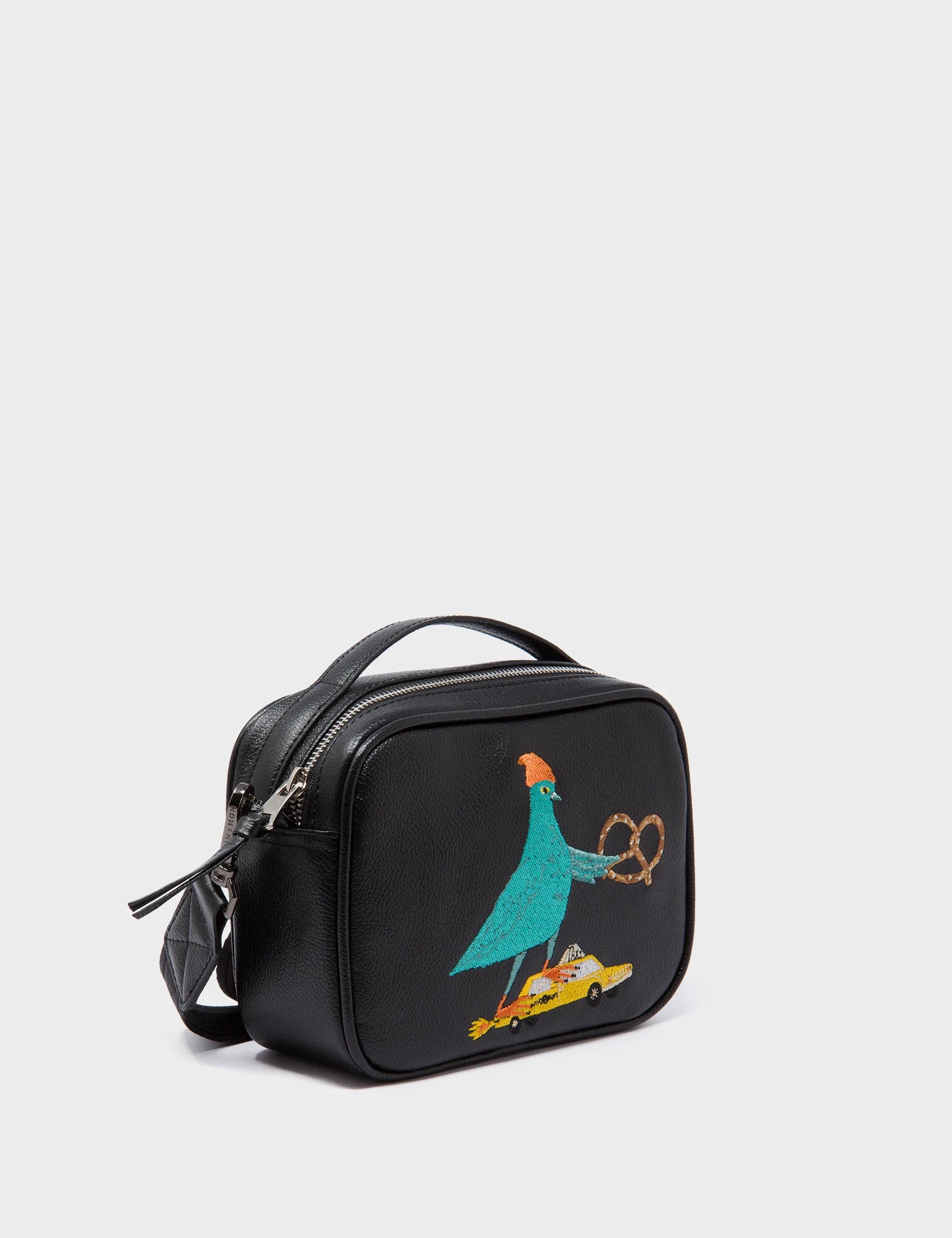 Verto Black Leather Crossbody Bag with Pigeonista Embroidery - Stylish Women's Shoulder Purse for Everyday Use, Travel & Date Night
