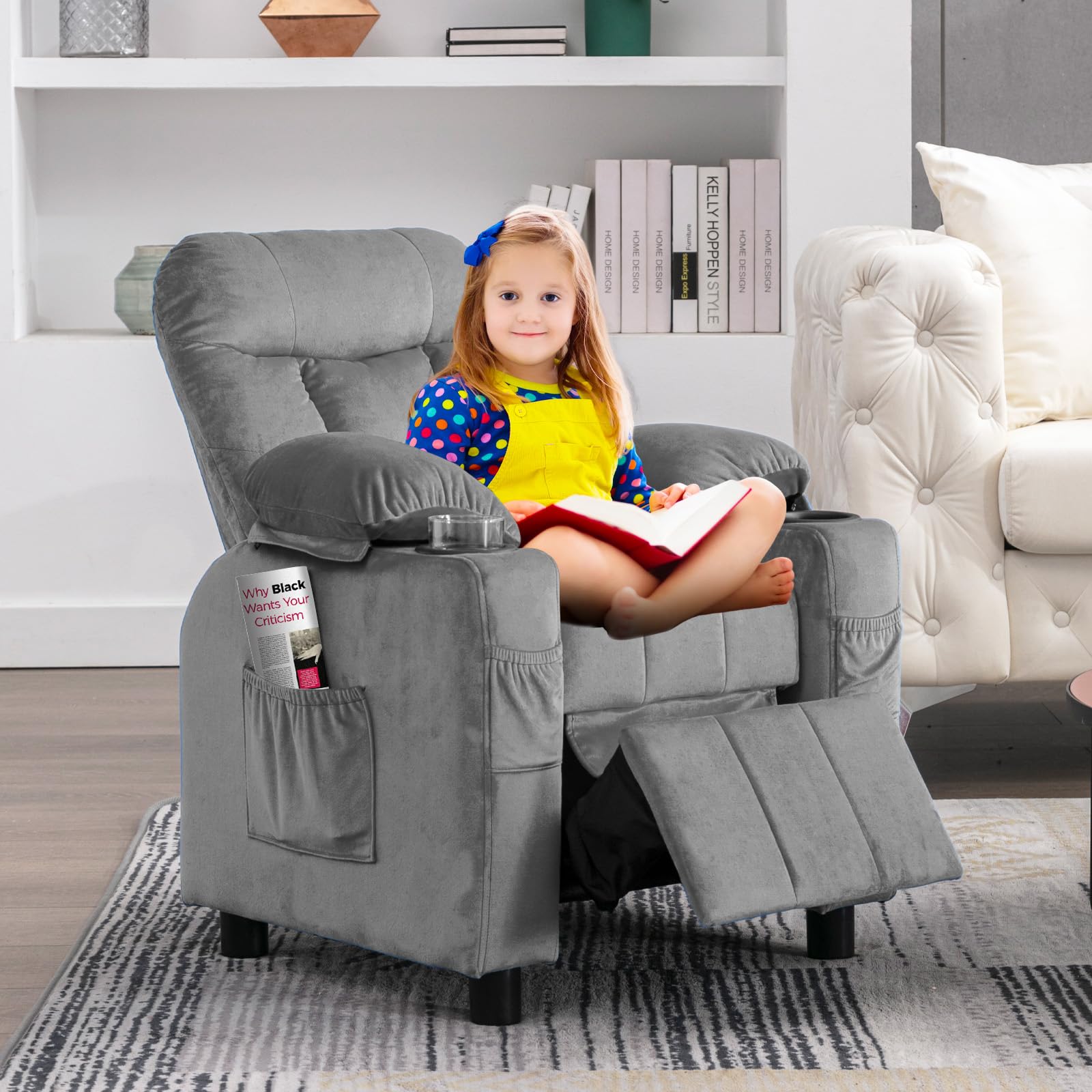 Kids Recliner Chair with Cup Holder - Adjustable Toddler Lounge Chair with Footrest & Side Pockets - Soft Velvet Baby Sofa for Boys & Girls Bedroom (Gray) - Perfect for Reading, Watching TV & Relaxing in Nursery or Playroom