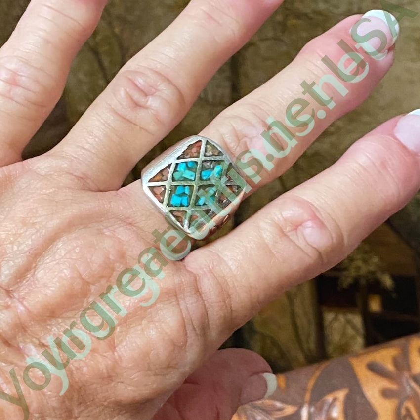 Authentic Southwest Style 925 Sterling Silver Ring with Turquoise Chip Mosaic - Size 9.5 - Handmade Native American Jewelry for Women - Perfect for Boho Fashion, Western Wear & Special Occasions