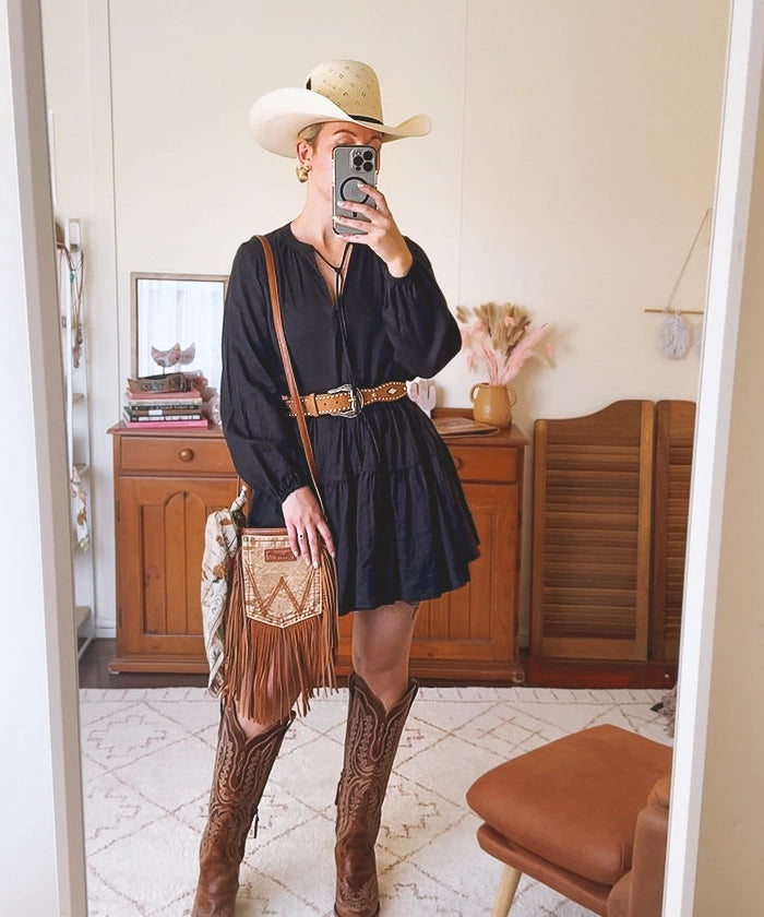 Wrangler Fringe Denim Crossbody Bag for Women - Vintage Style Jean Pocket Purse with Tassels - Perfect for Music Festivals, Concerts & Casual Outings