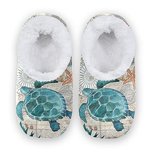 Vintage Sea Turtle Women's Slippers - Cozy Plush Slip-On House Shoes for Indoor & Outdoor Use - Perfect for Home, Beach, and Relaxation