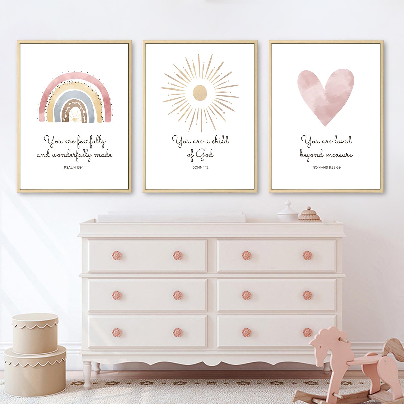 Boho Nursery Wall Art Set - 3 Piece Christian Bible Verse Prints for Girls, Heart Rainbow & Sun Decor, 12x16 Inch Framed - Perfect for Baby & Kids Room, Nursery, Bedroom, or Playroom Decor