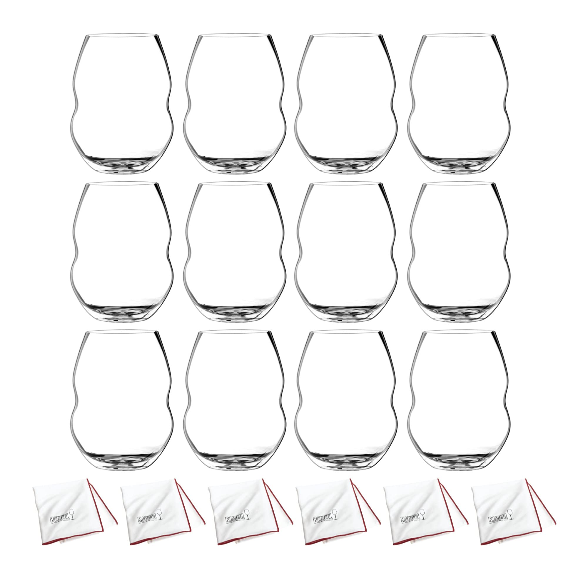 Premium Riedel Swirl Red Wine Glasses Set of 12 with Microfiber Polishing Cloths - Crystal Clear Stemware for Wine Tasting, Dinner Parties & Gift Giving
