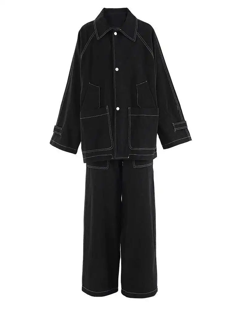 Stylish Big Size Denim Jacket & Wide Leg Pants Two-Piece Suit for Women - 2025 Spring Autumn Fashion Trend with Lapel Design - Perfect for Casual Outings, Office Wear & Street Style