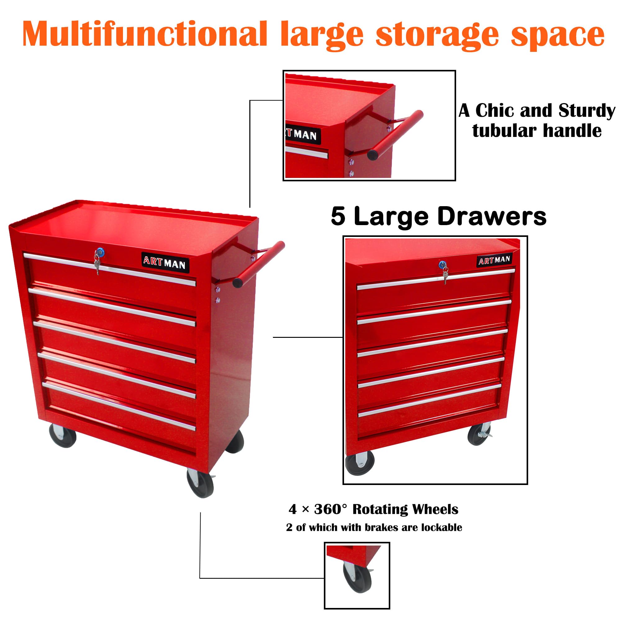 5-Drawer Rolling Tool Cart - Mobile Tool Storage for Garage & Workshop