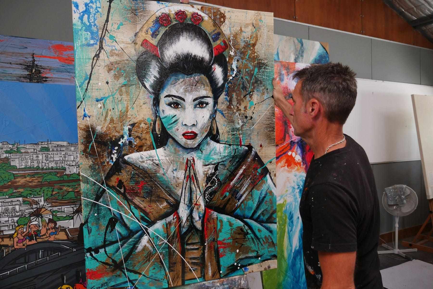 140cm x 100cm Hisui Jade Geisha Urban Pop Art Painting - Modern Home Decor for Living Room, Bedroom & Office - Perfect Gift for Book Club Members & Art Lovers