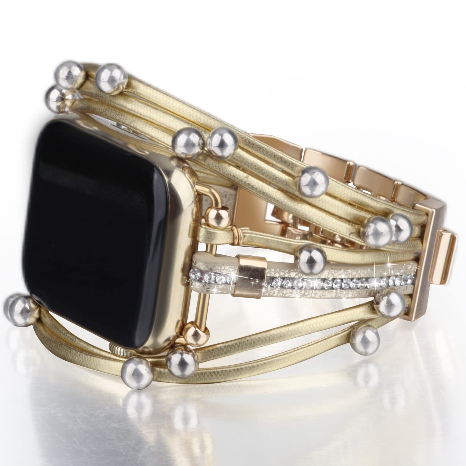 EverSnows Luxury Rhinestone & Beaded Leather Band Compatible with Apple Watch Series 7/6/SE/5/4/3/2/1 - Stylish Replacement Bracelet for Women & Girls - Perfect for Work, Parties & Everyday Wear