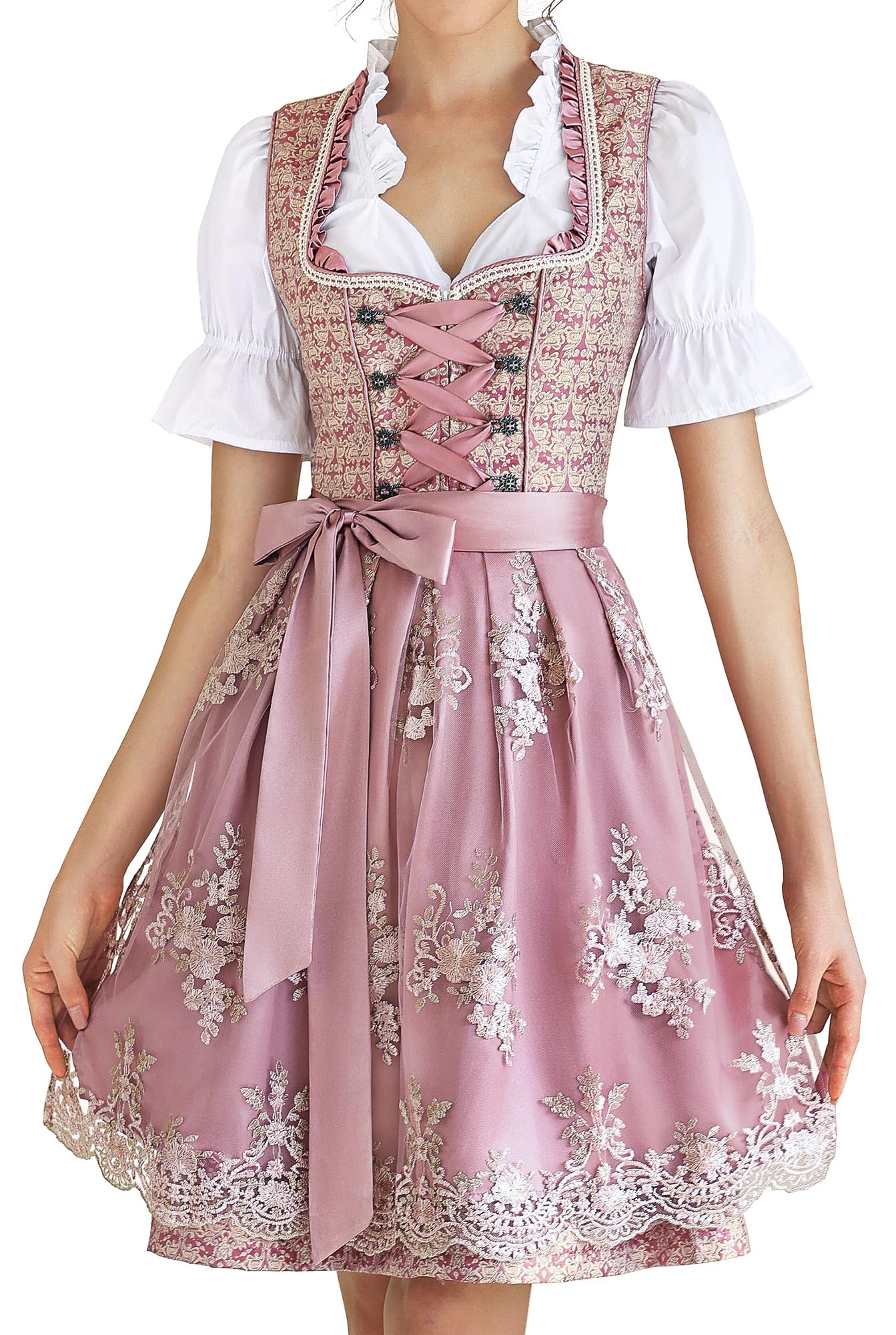 Authentic German Dirndl Dress for Women - 3-Piece Oktoberfest Costume with Blouse & Apron in Pink | Perfect for Oktoberfest, Halloween, Themed Parties & Cultural Events